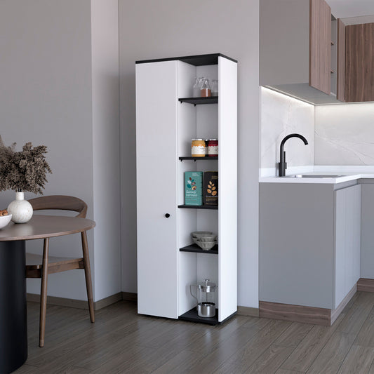 Sleek white and black narrow storage cabinet with open shelves for kitchen items