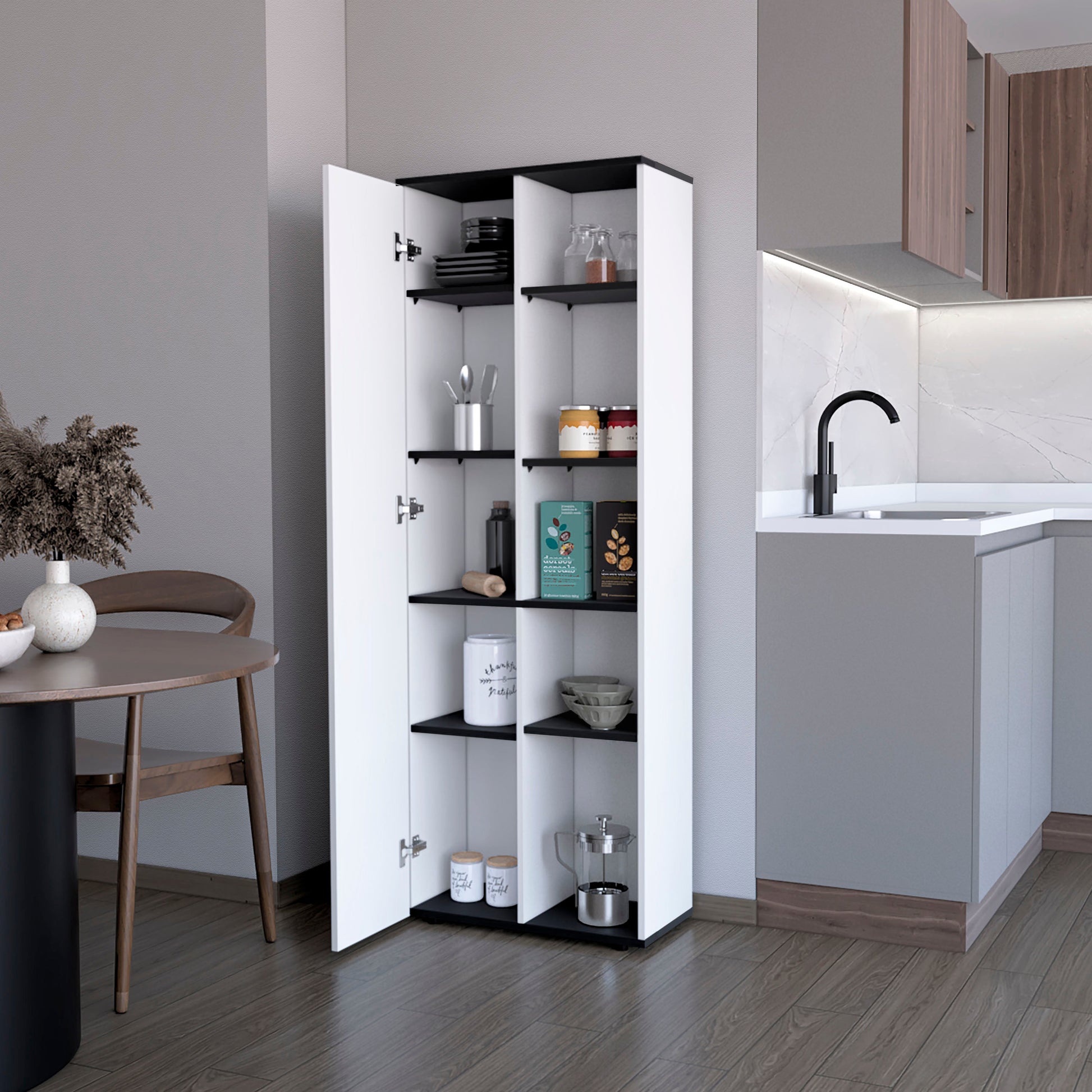 White and black modern kitchen pantry cabinet with open doors showcasing shelves
