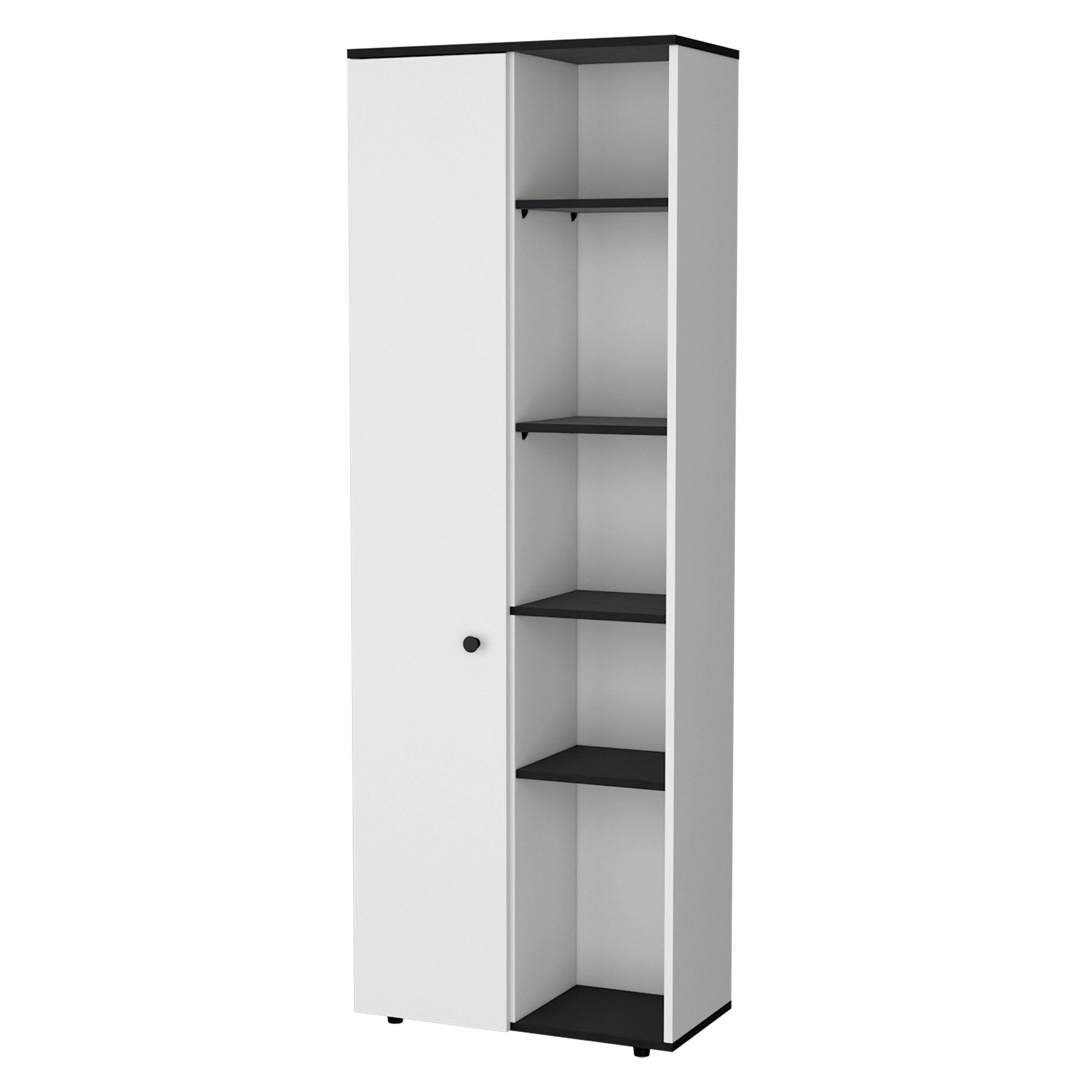 Tall white cabinet with black shelves and a single black door