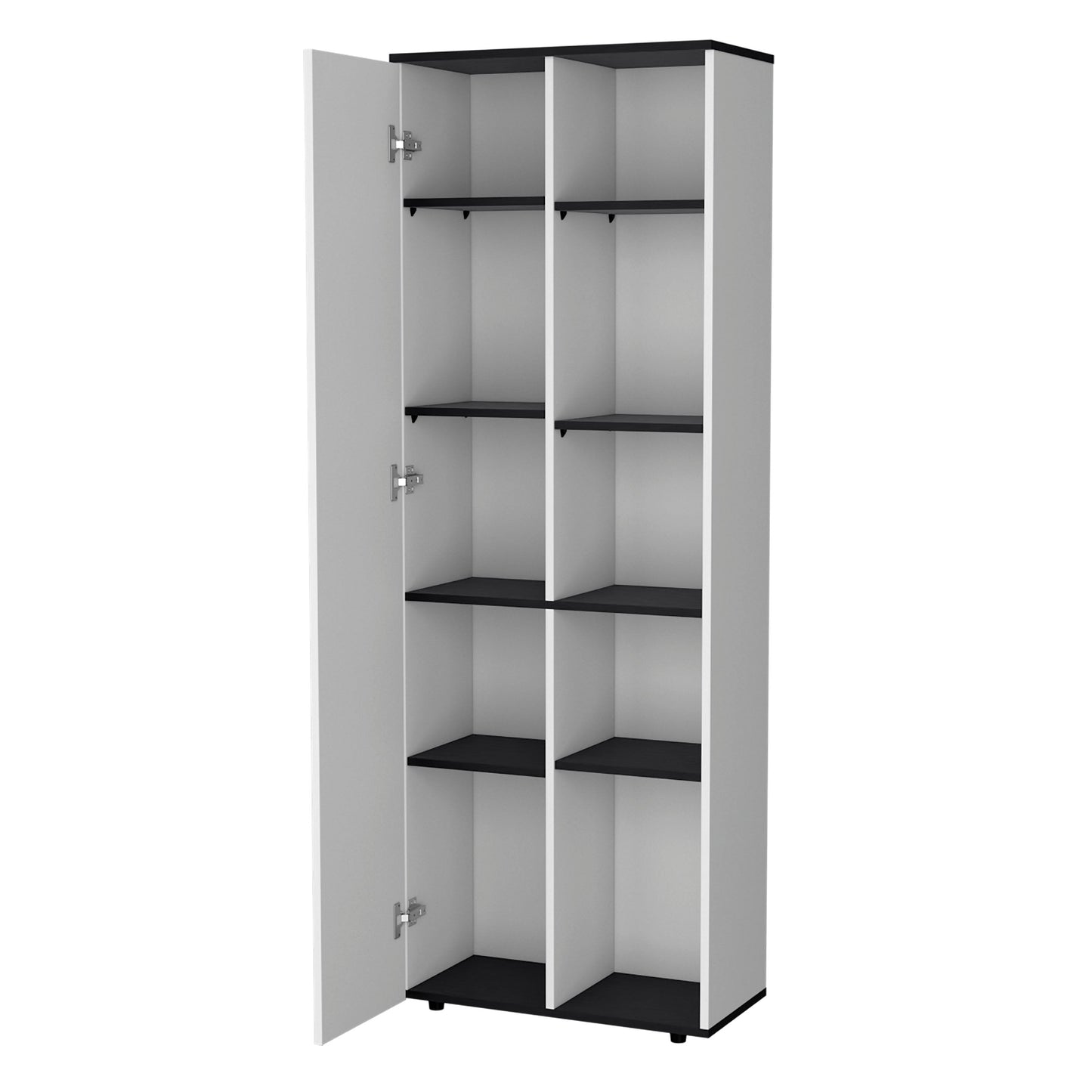 Tall white storage cabinet with black shelves and door
