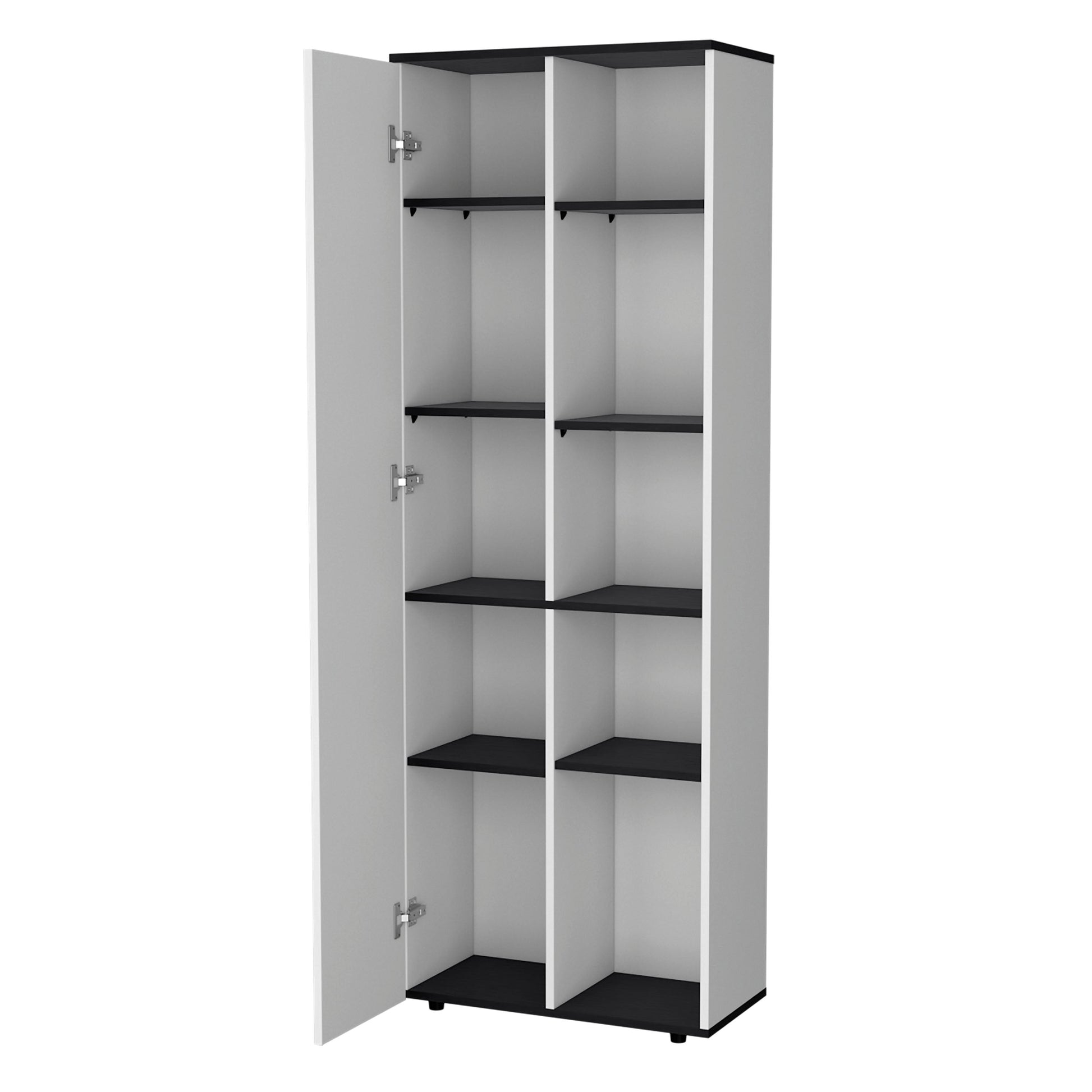 Tall white storage cabinet with black shelves and door