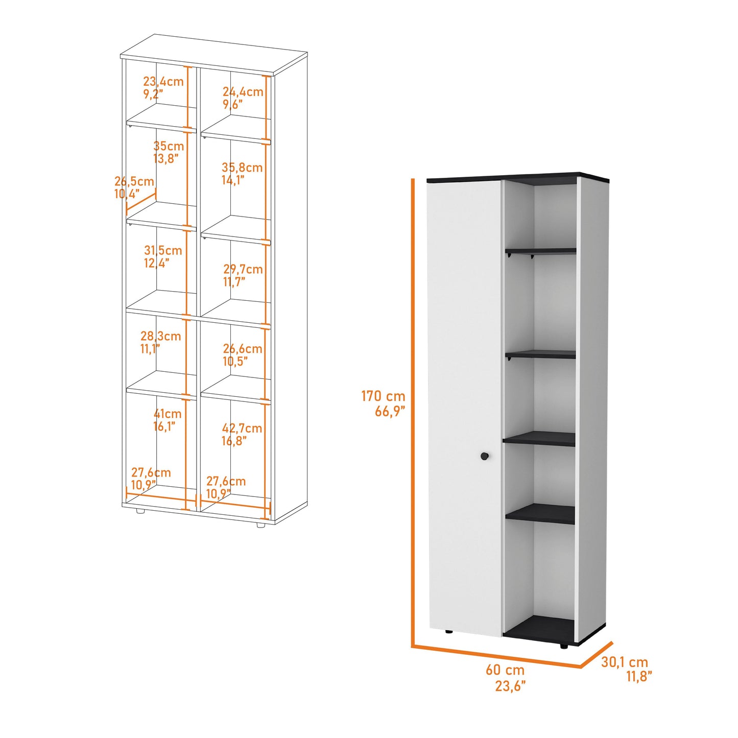White tall storage cabinet with black shelves and a single door