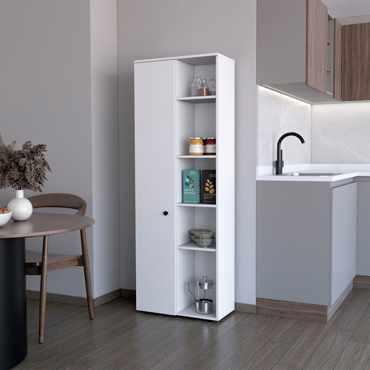 White narrow kitchen cabinet with open shelves perfect for pantry storage