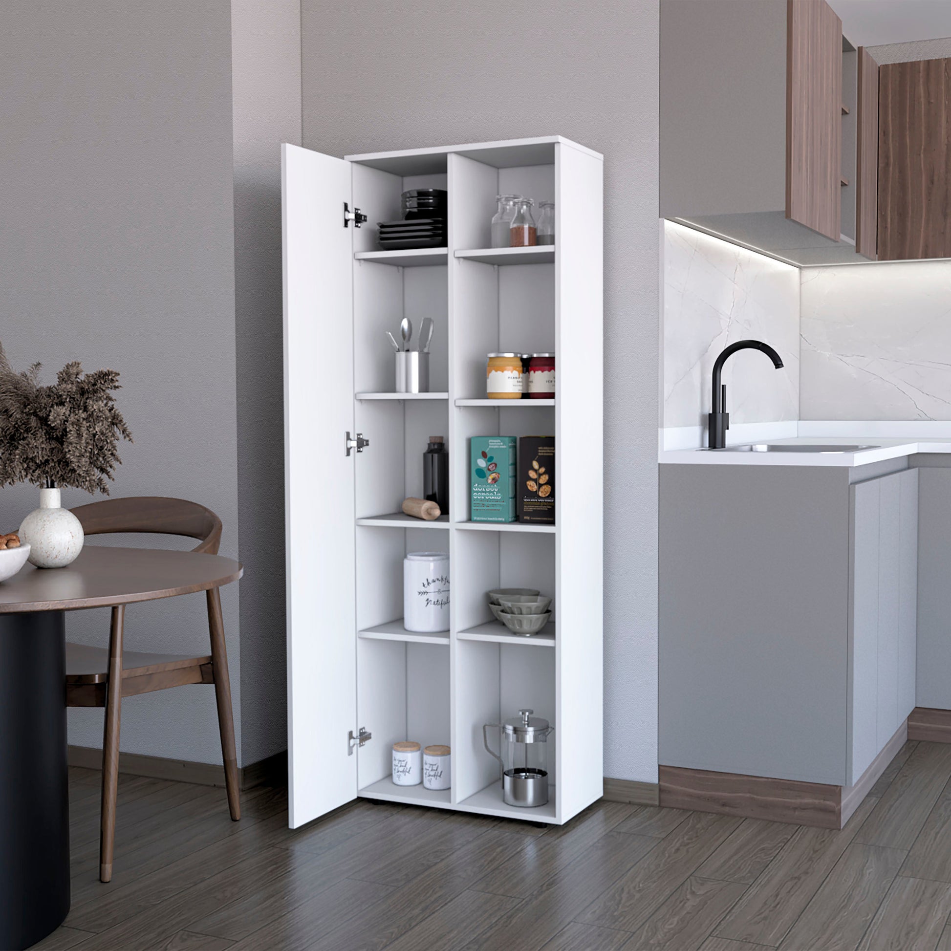 White tall pantry cabinet with open doors showcasing kitchenware and jars