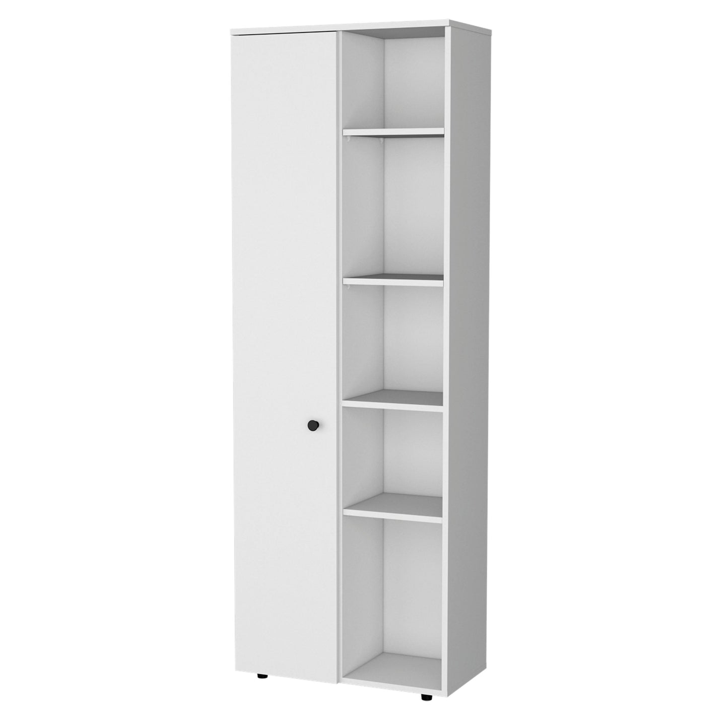 White tall narrow storage cabinet with one door and open shelving