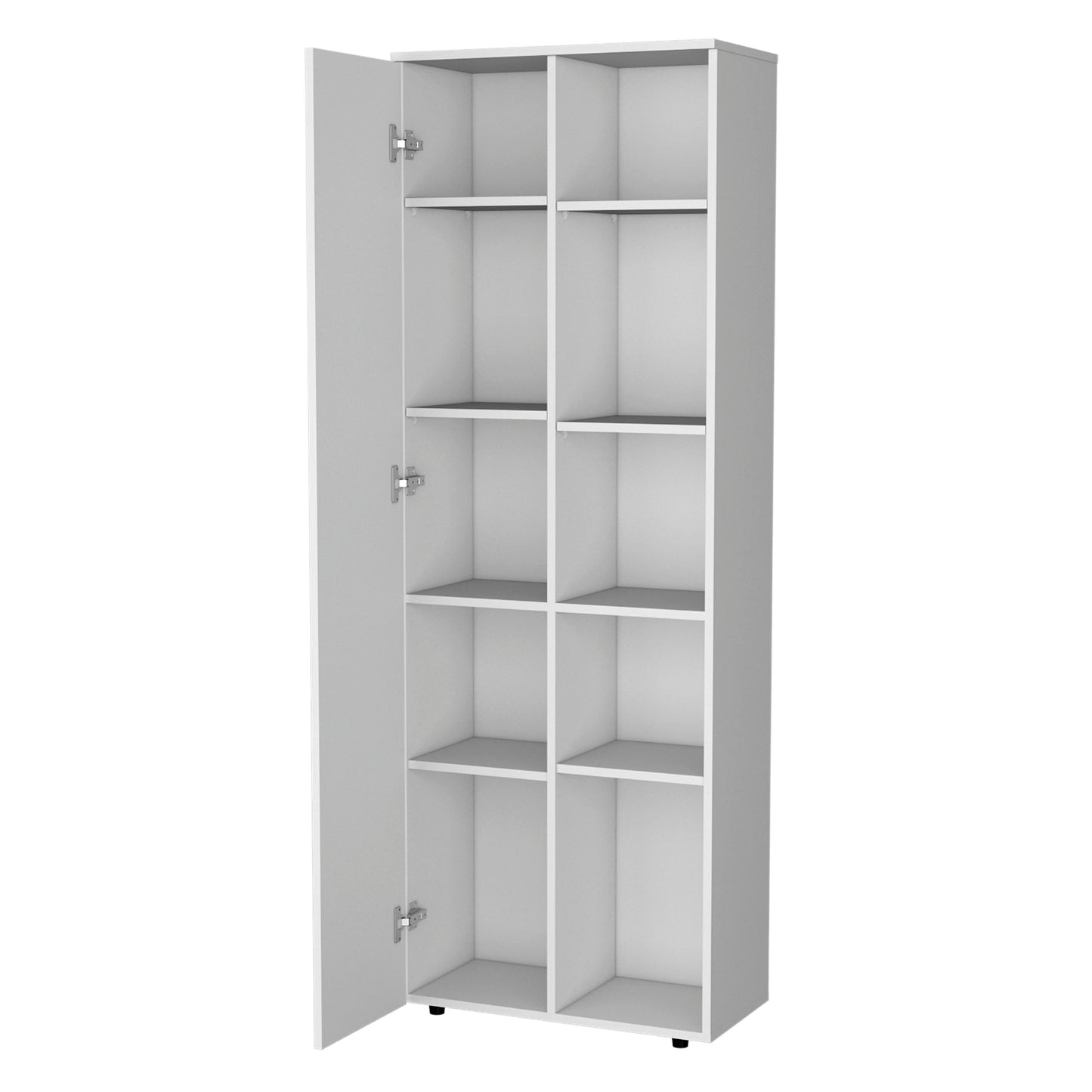 White tall storage cabinet with  shelves and open door