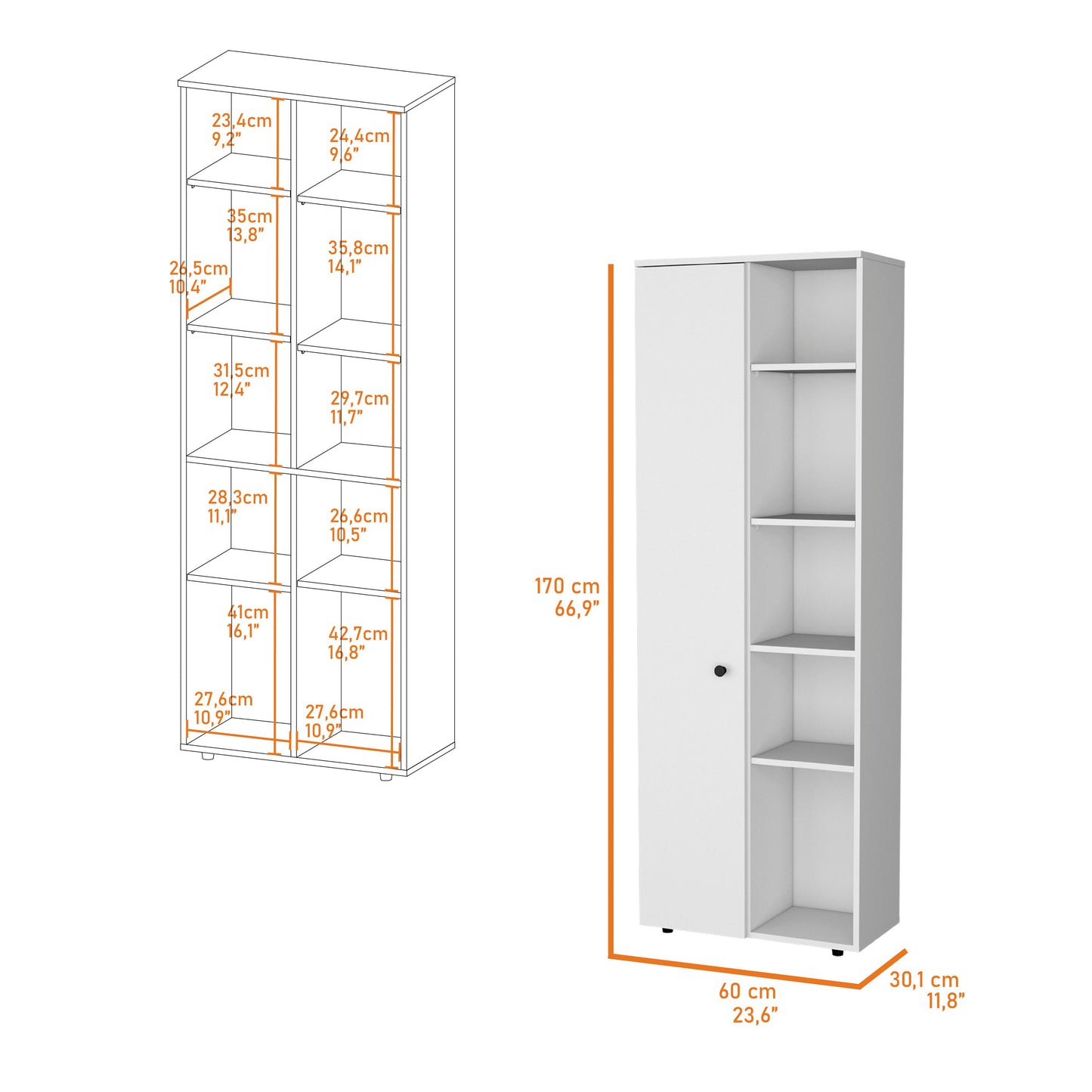 Tall white storage cabinet with multiple shelves