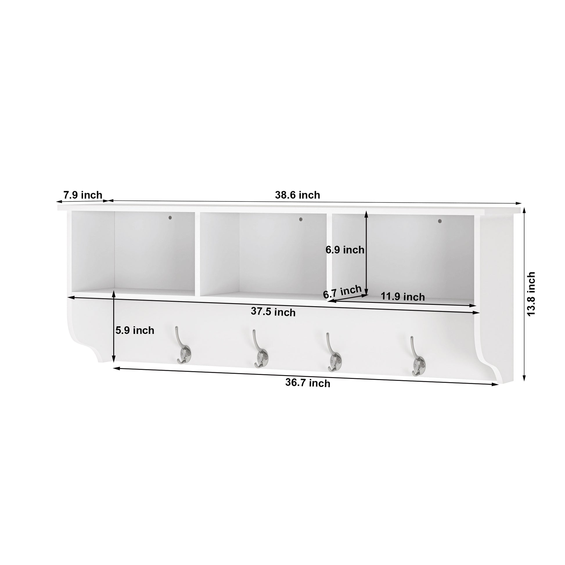 White wall mounted shelf with  metal hooks for coats