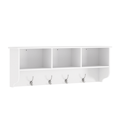 White wall mounted coat rack with four cubbies and four metal hooks