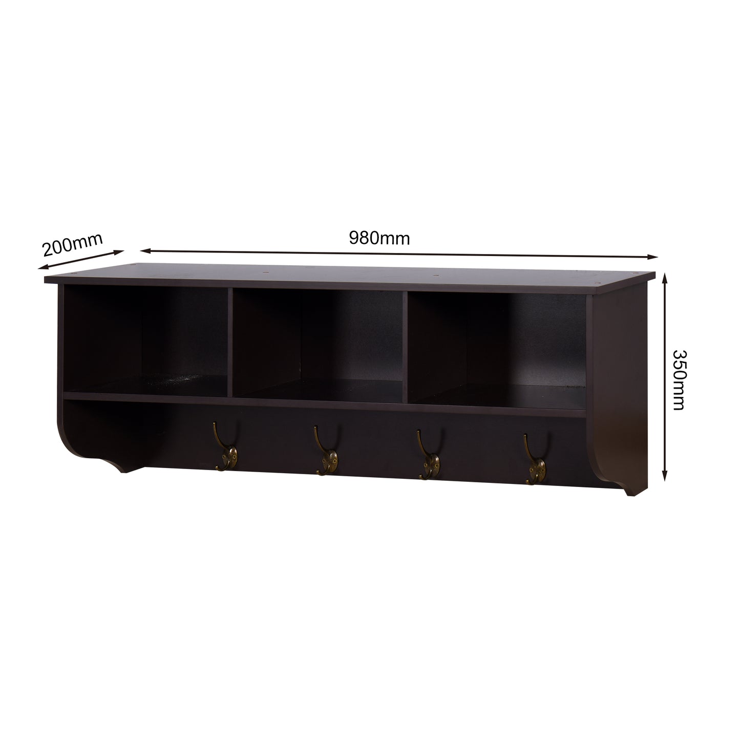 Dark brown wallmounted shelf with four antique brass coat hooks and three open compartments for storage