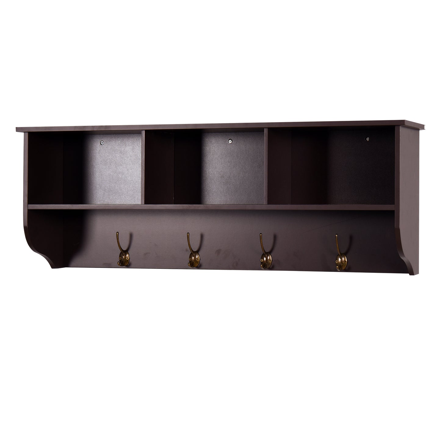 Dark brown wooden wall shelf with four antique brass coat hooks and open cubbies for storage
