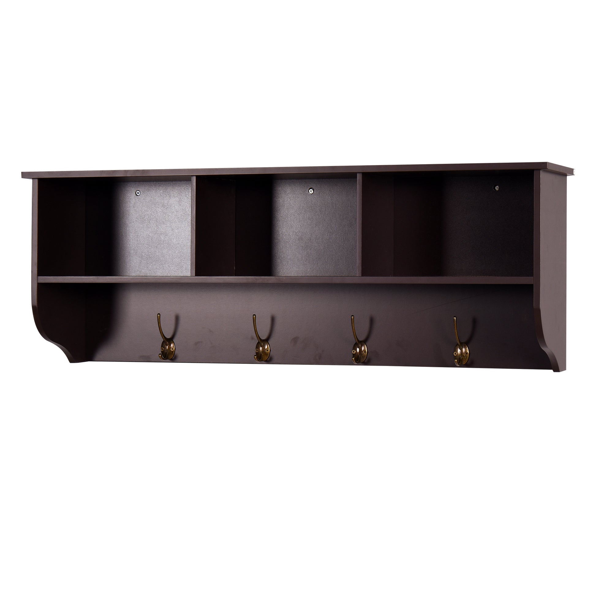 Dark brown wooden wall shelf with four antique brass coat hooks and open cubbies for storage