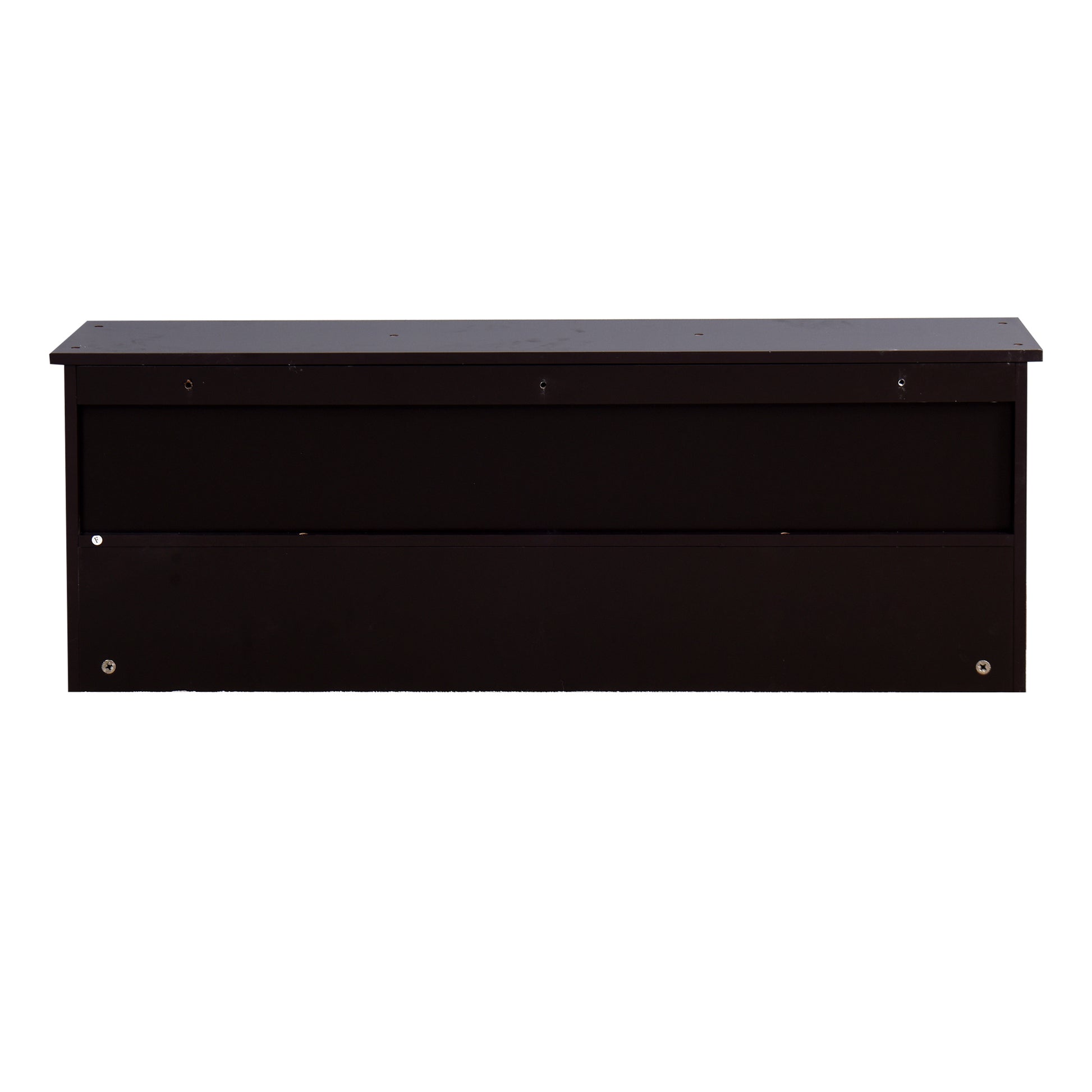 Dark brown wooden shoe rack with slatted front