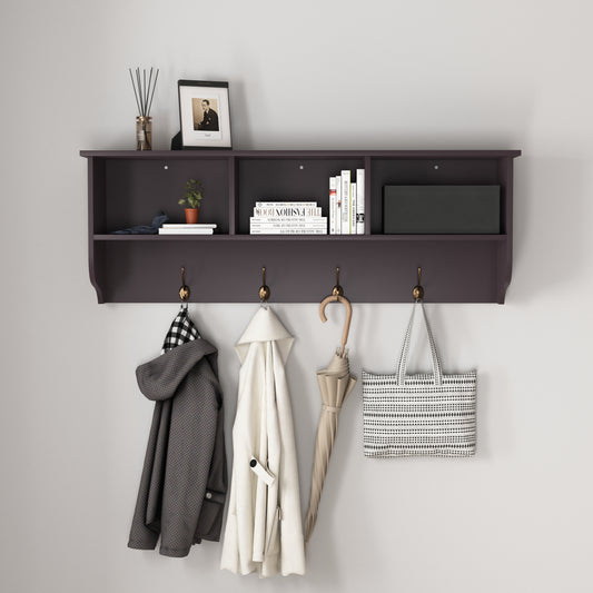 Dark wood coat rack shelf with brass hooks holding coats and an umbrella