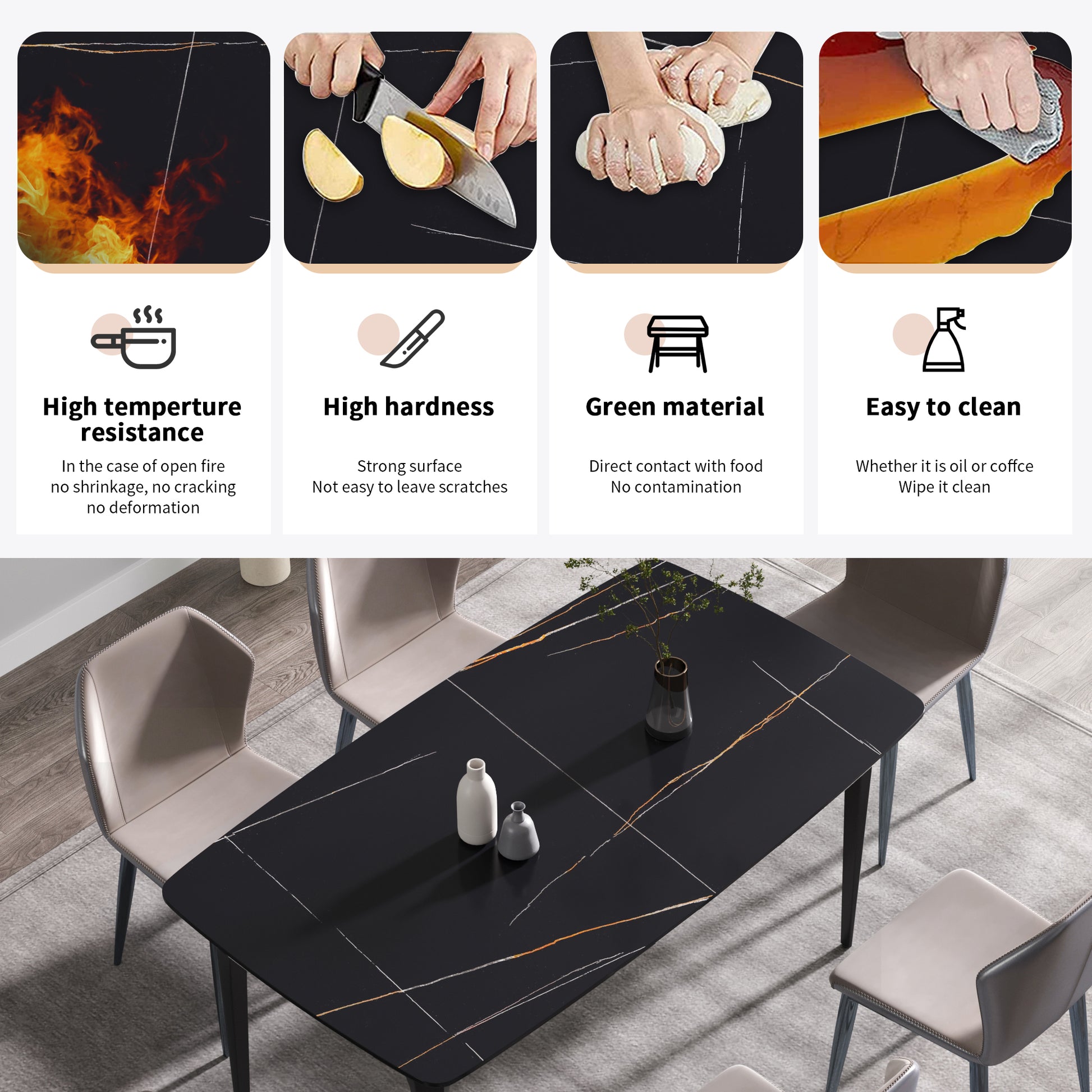Modern black dining table with gold and white veining durable and heatresistant