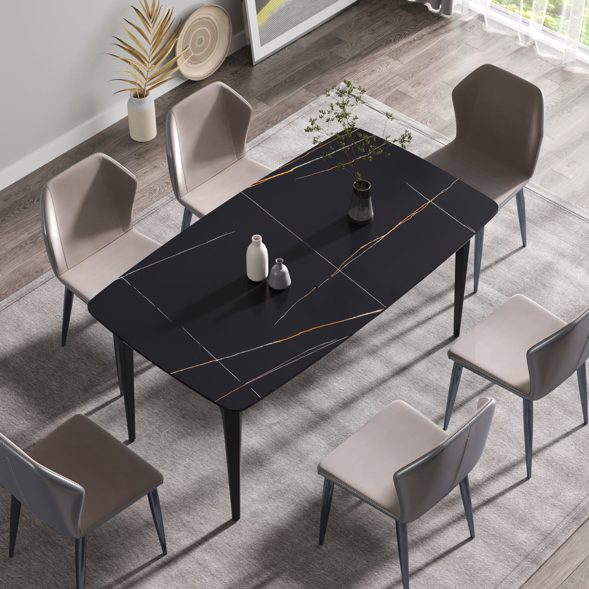 Black sintered stone dining table with gold veining