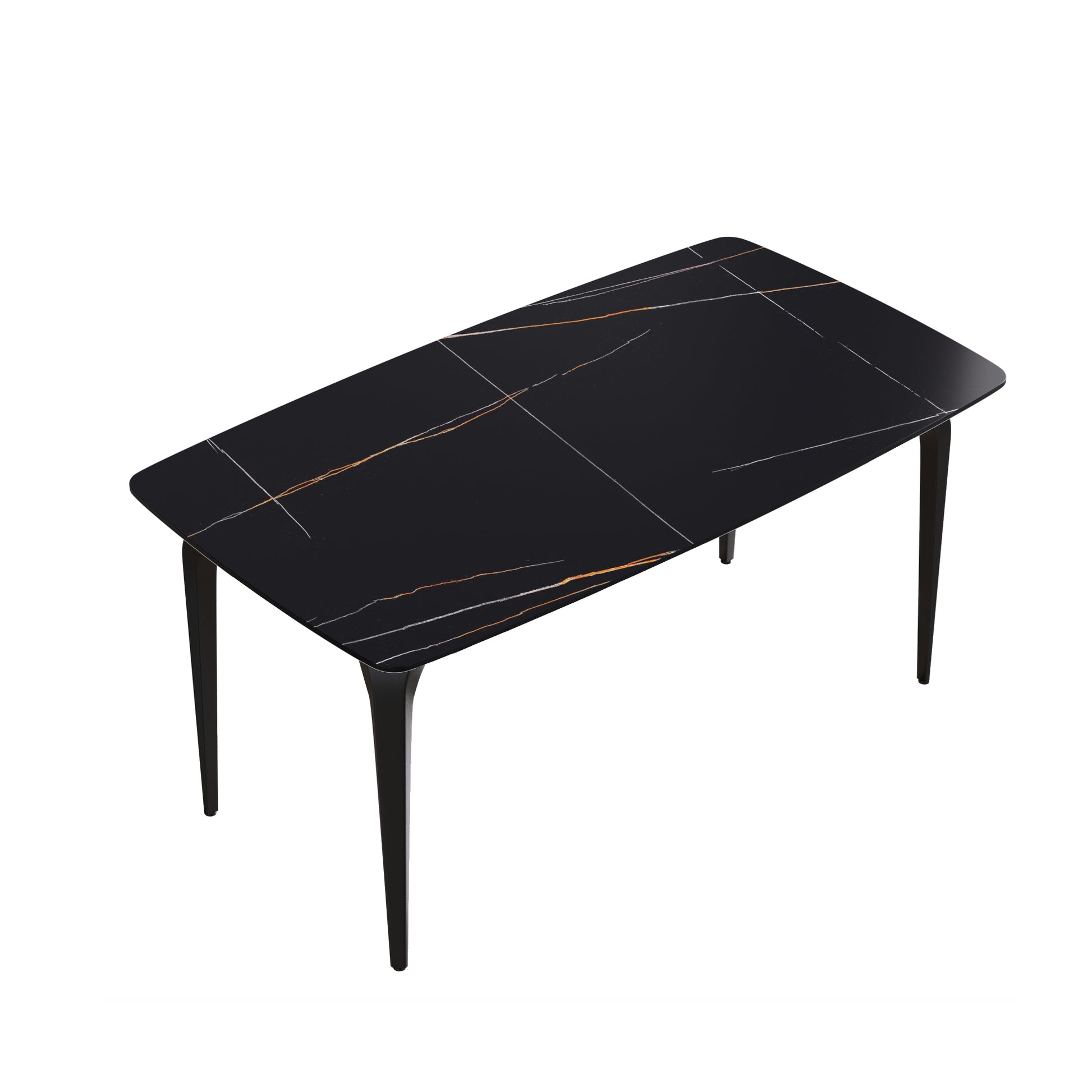 Rectangular black sintered stone dining table with gold and white veining