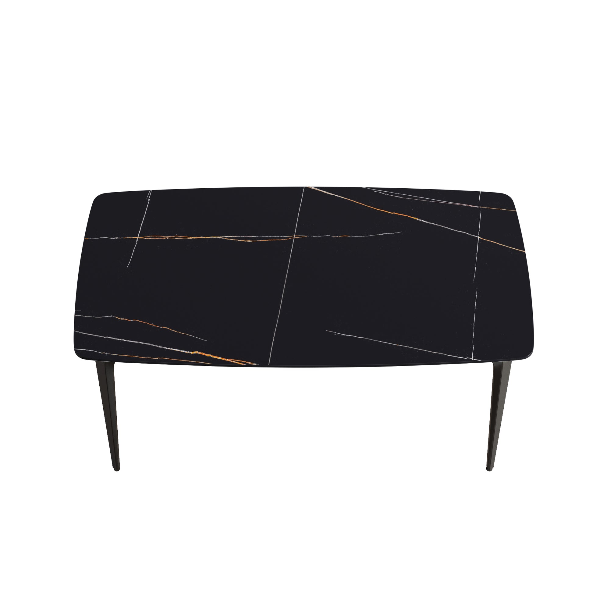 Black marble top coffee table with thin gold and silver veining and tapered dark legs