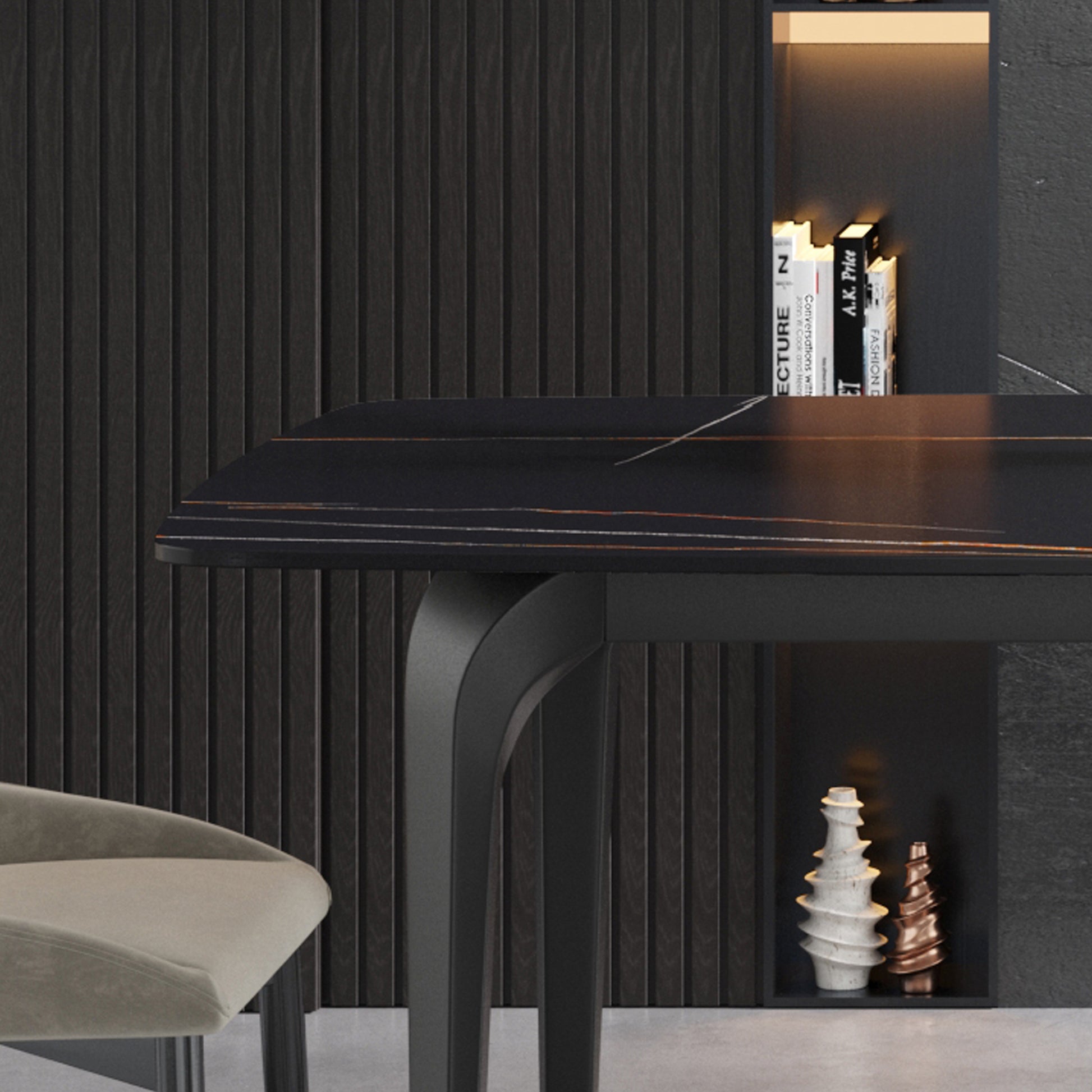 Black marble dining table with elegant gold veining