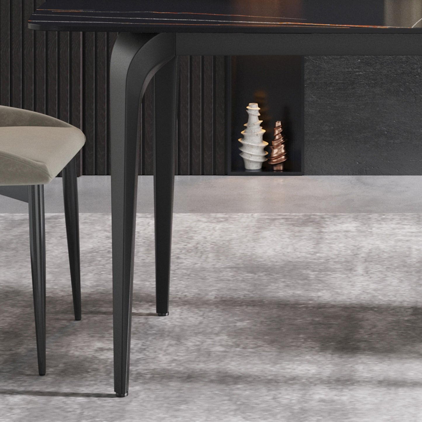Modern black dining table with marble inlay and elegant sculpted legs