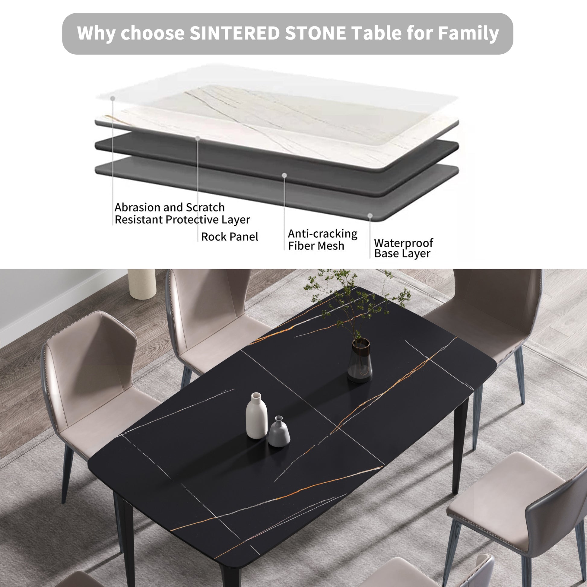 Sintered stone dining table with black marble finish and gold veining seats six