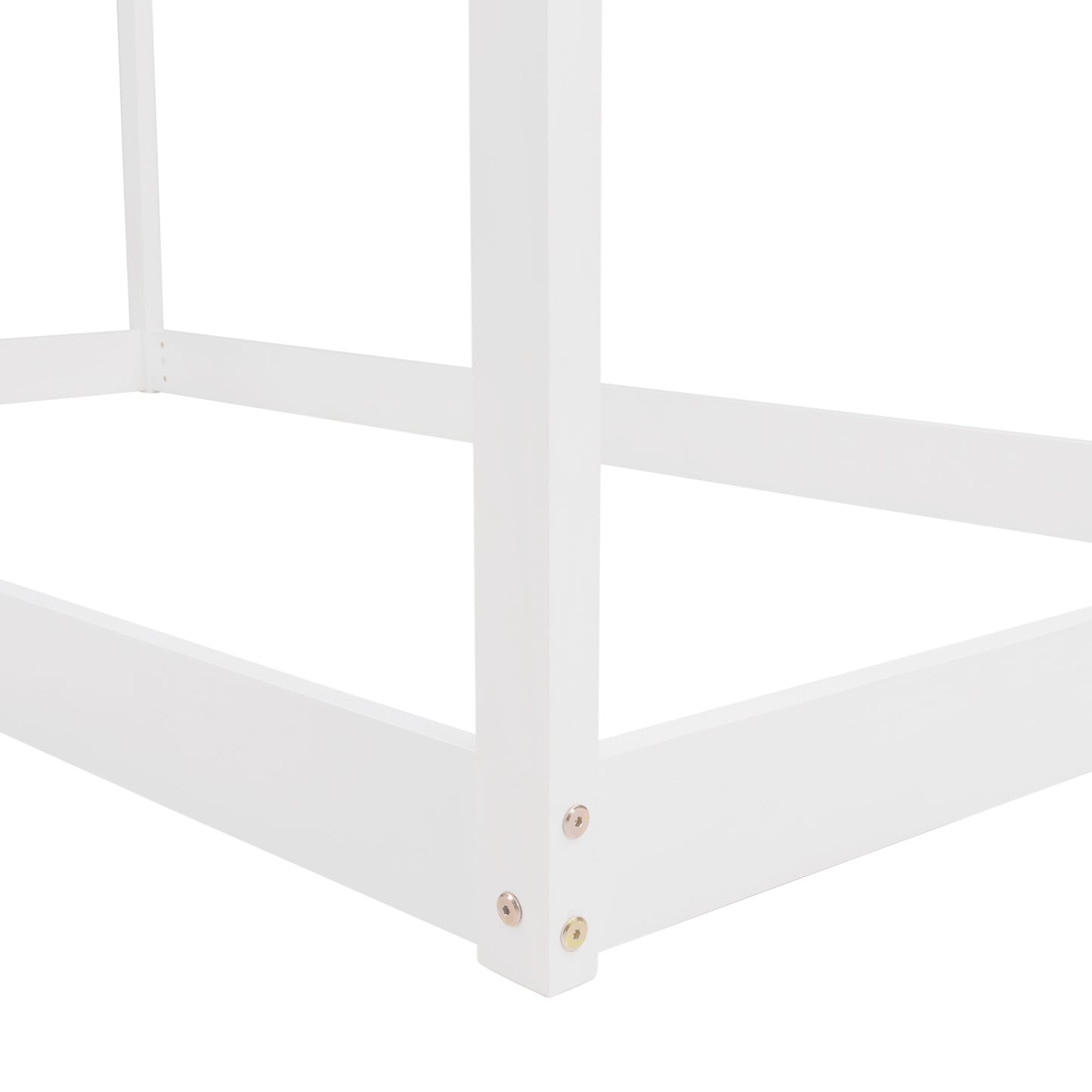 White wooden house bed frame corner detail