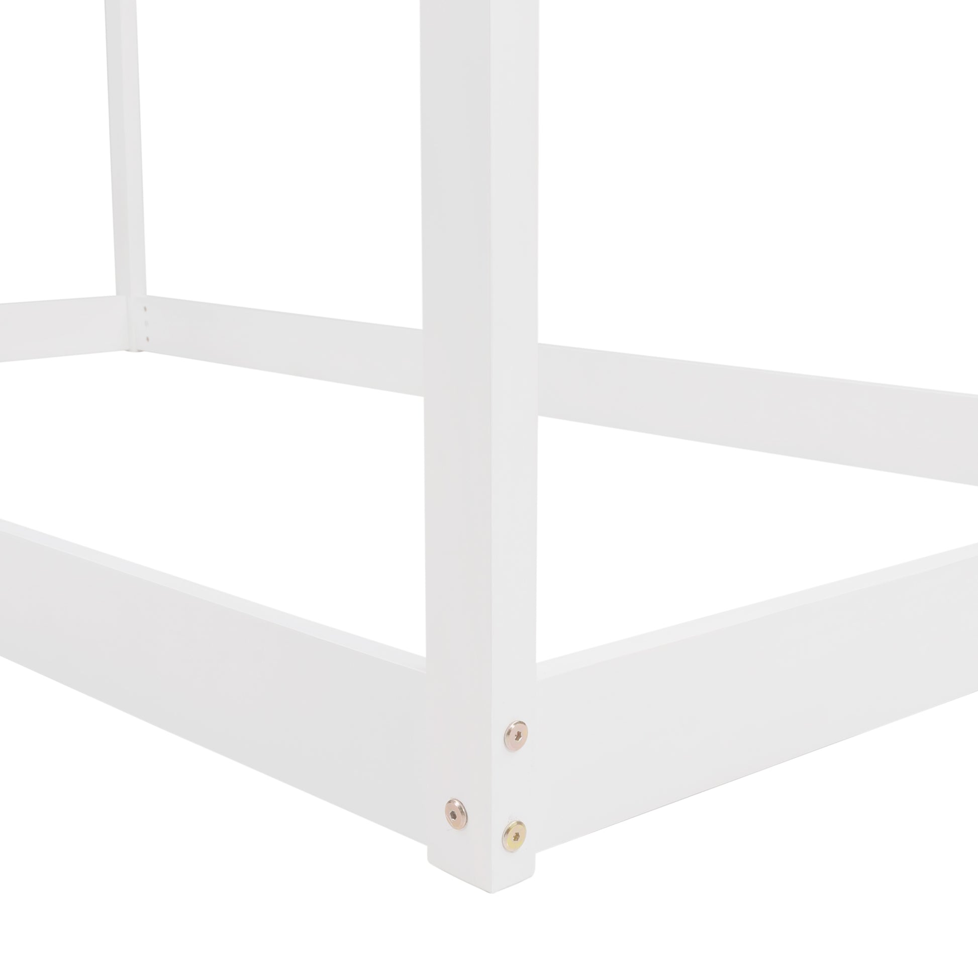 White wooden house bed frame corner detail
