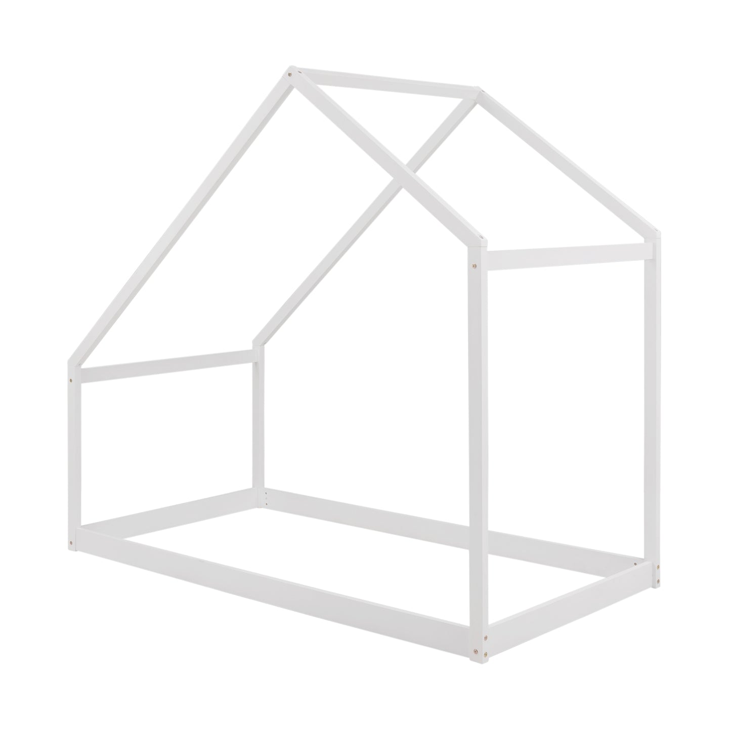 White wooden house bed frame for kids with roof structure