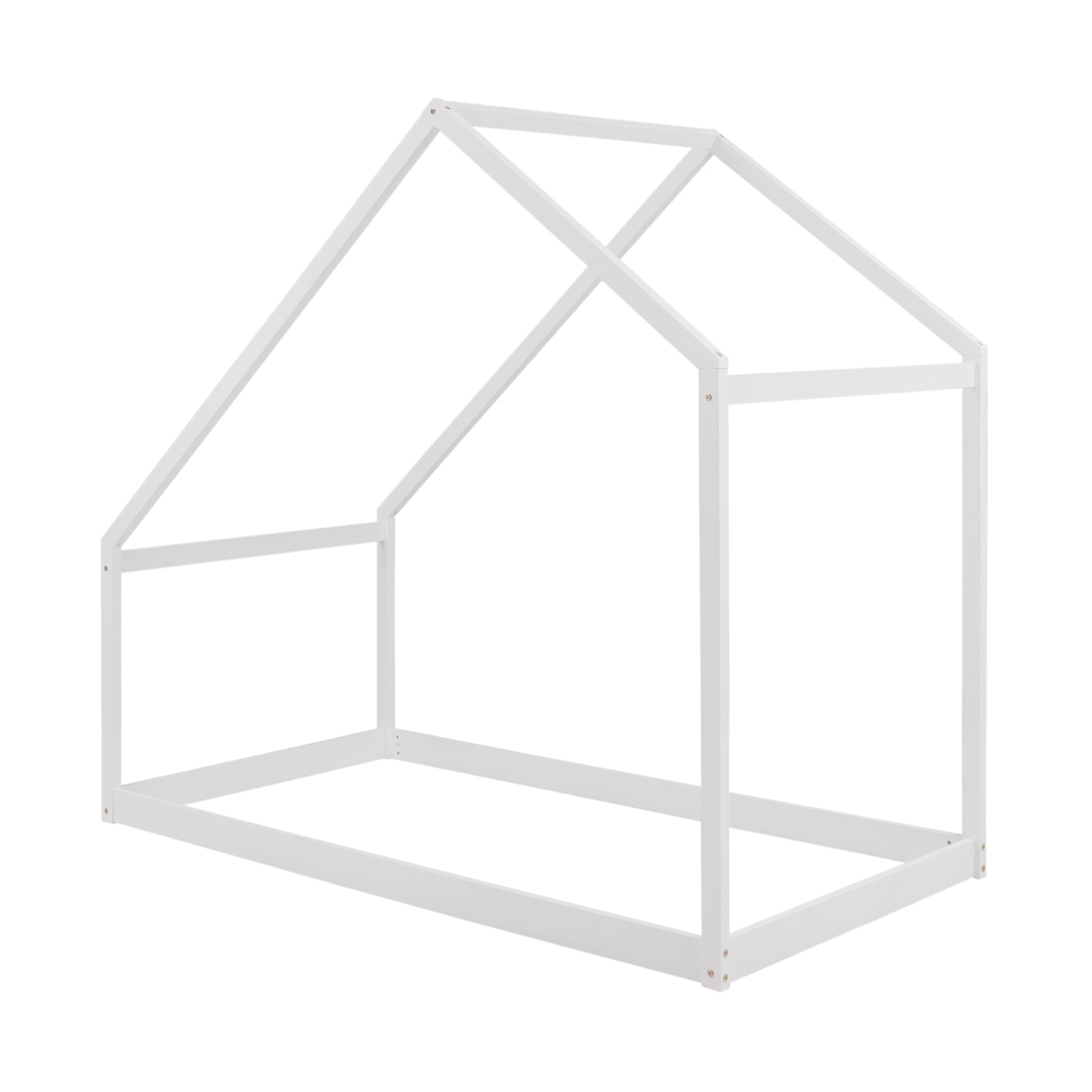 White wooden house bed frame for kids with roof structure