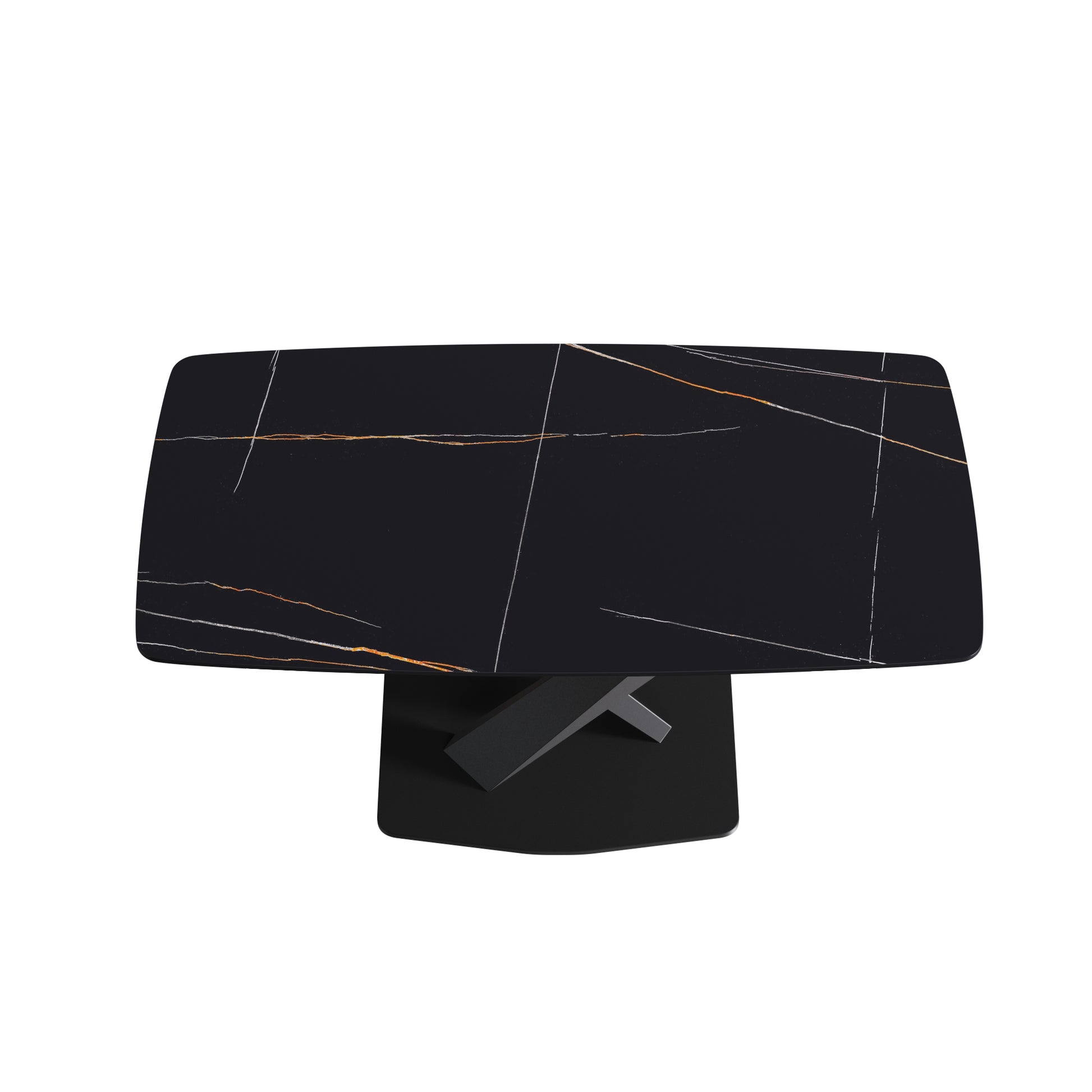 Black marble top coffee table with gold and white veining on a modern black pedestal base
