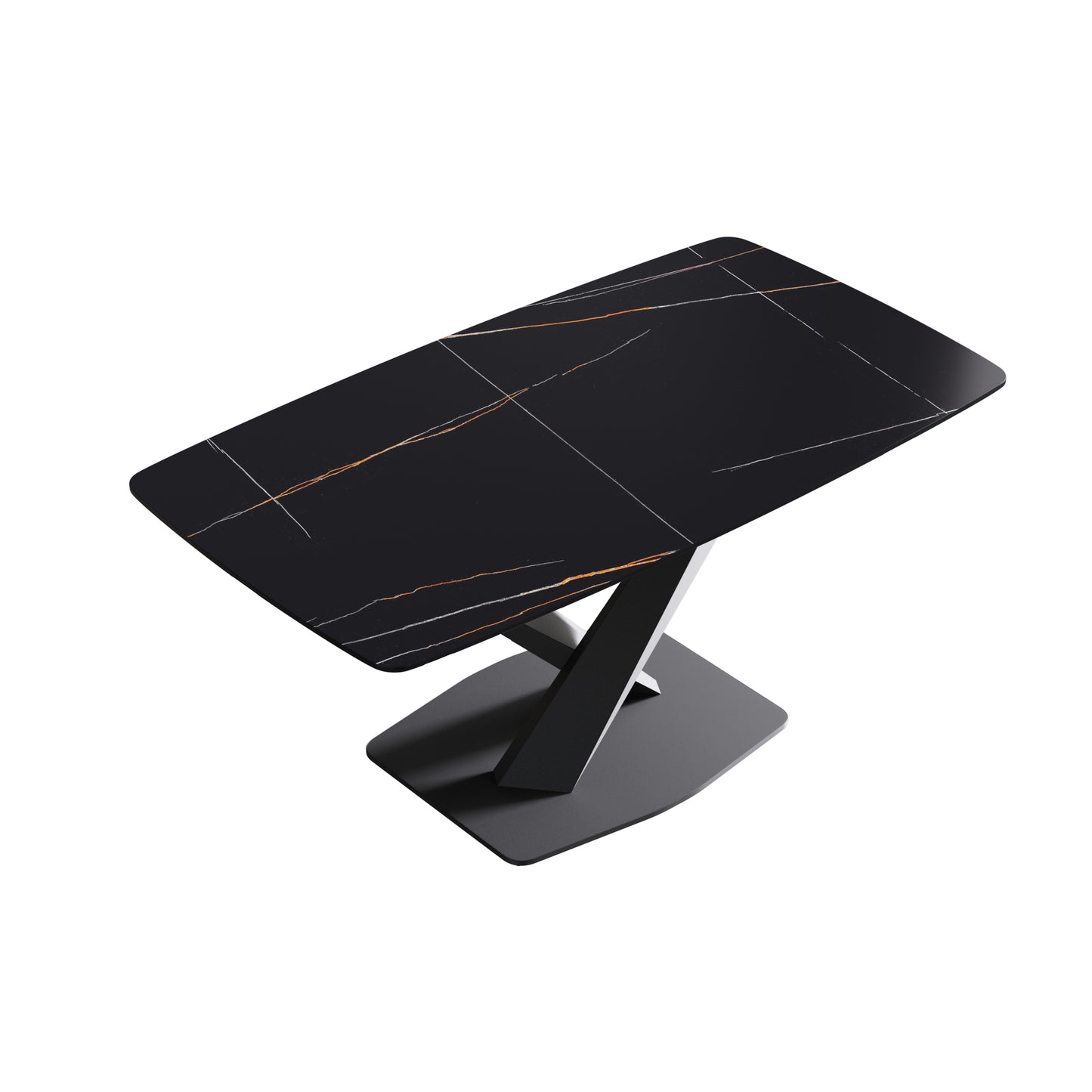 Modern black marble dining table with gold veining and a matte black pedestal base