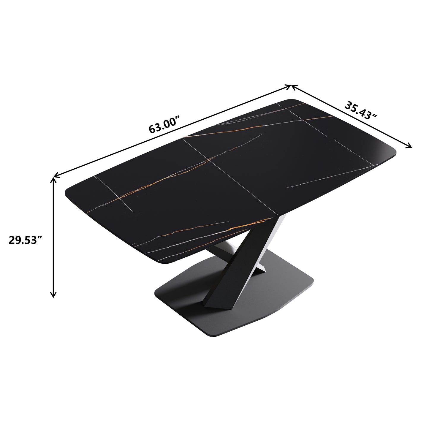 Black marble dining table with gold veining and pedestal base