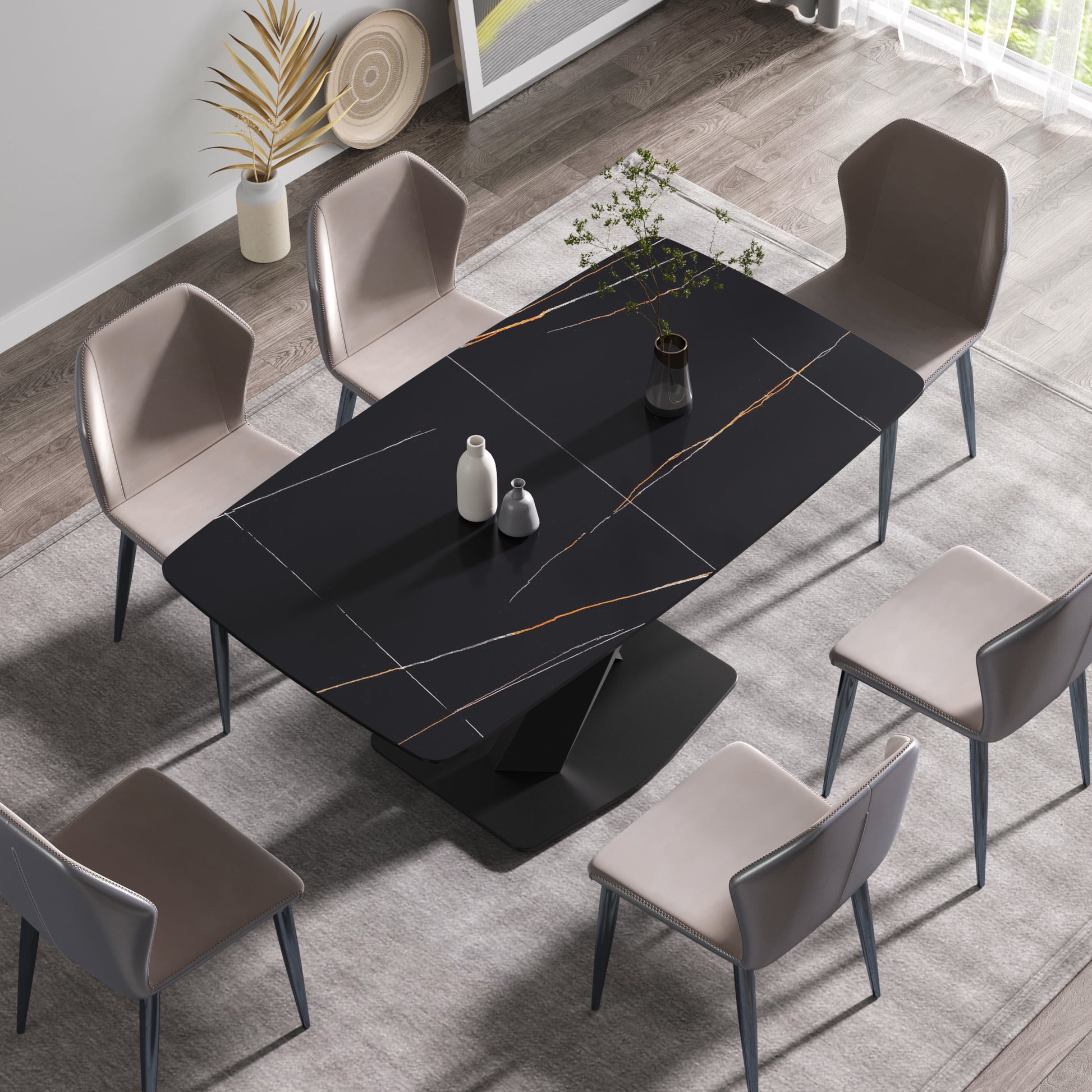 Modern black marble dining table with gold veining and six upholstered chairs