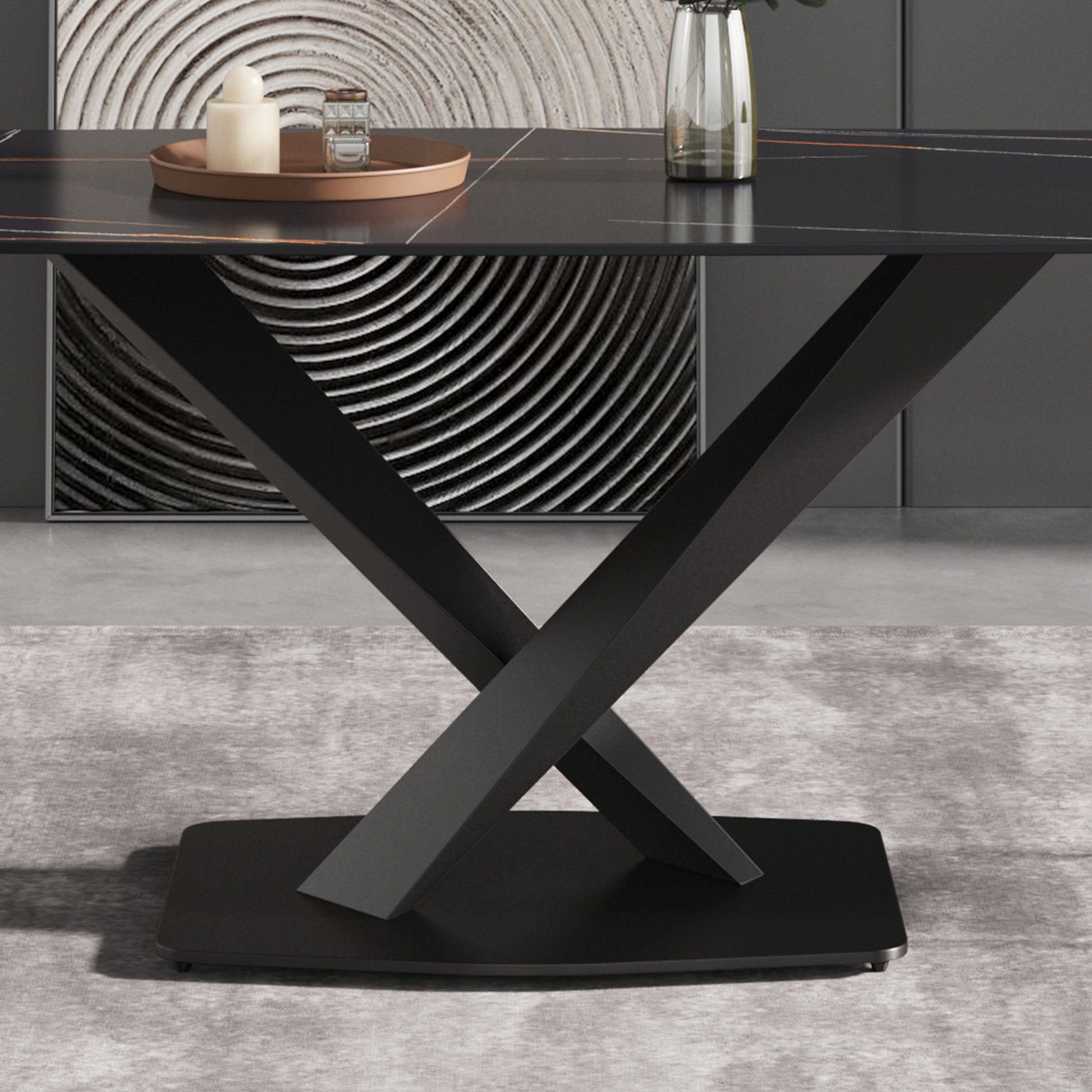 Black marble dining table with gold veining and black Xbase