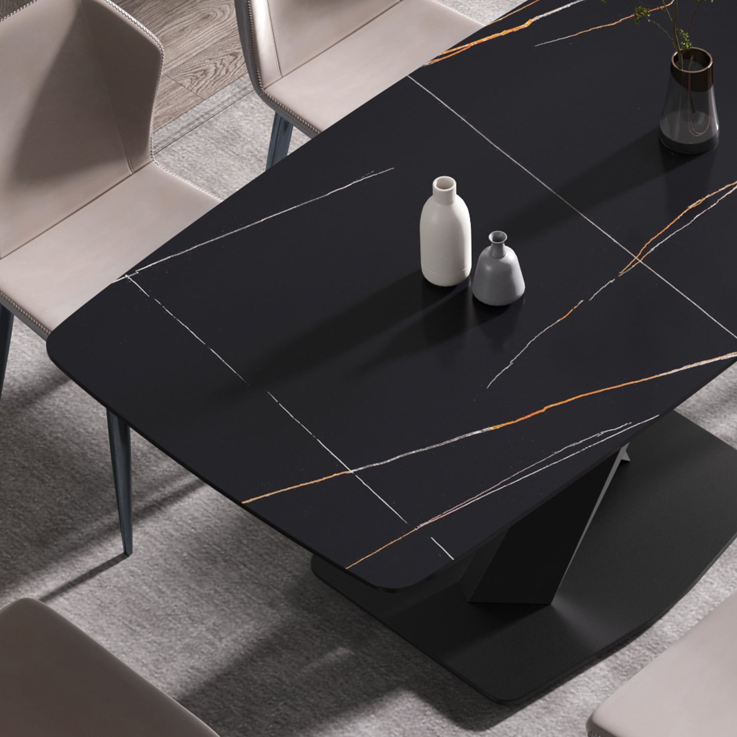 Modern black marble dining table with gold and white veining