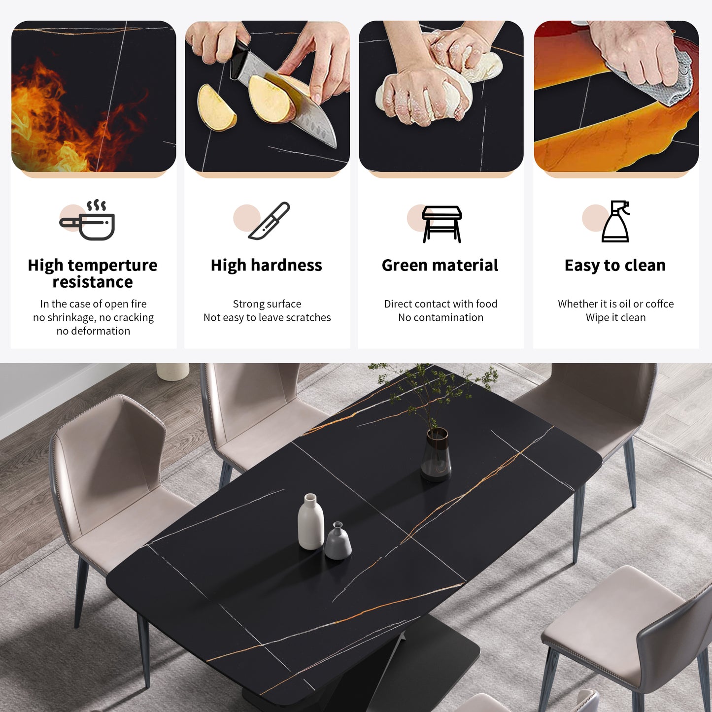 Black marble dining table with gold veining and beige chairs