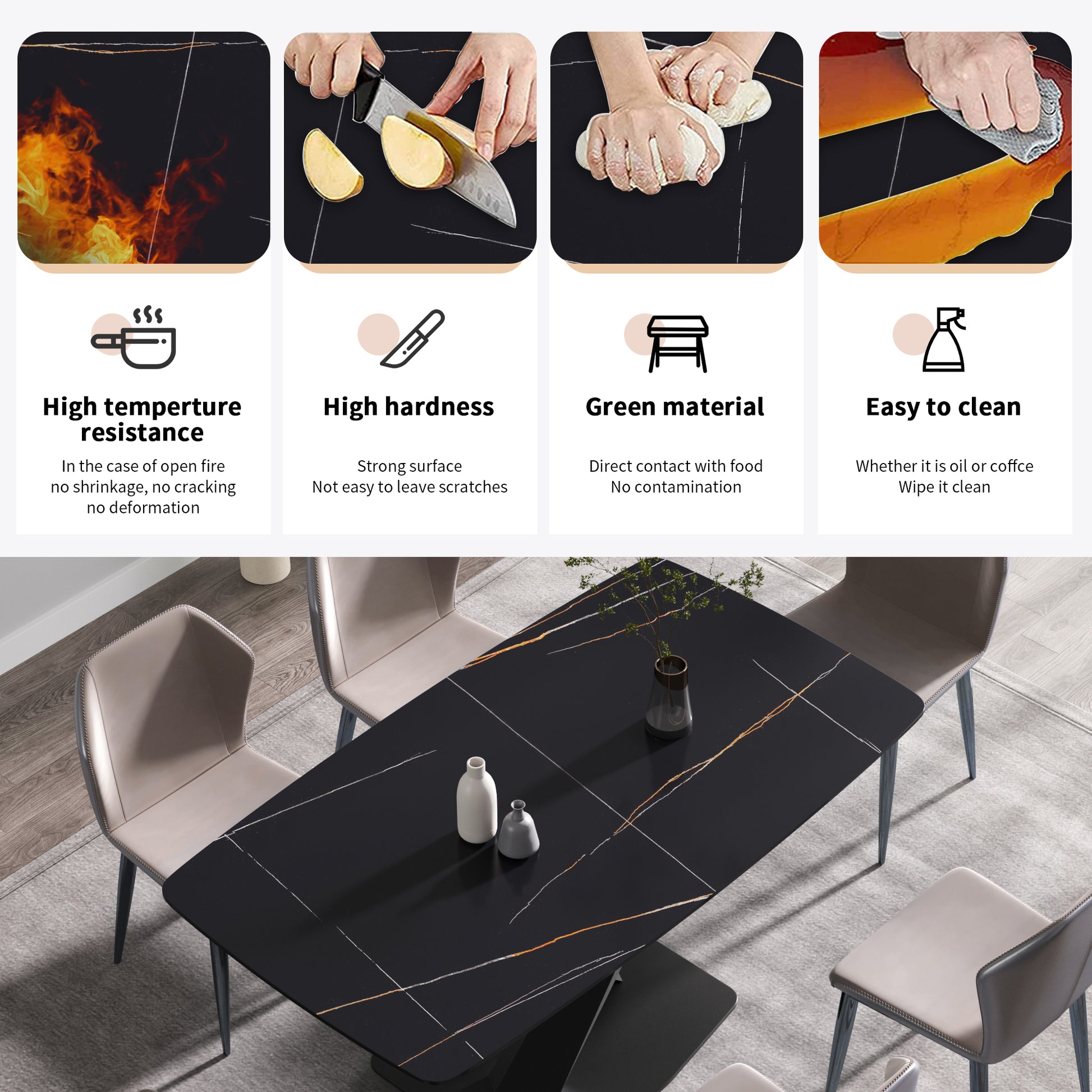 Black marble dining table with gold veining and beige chairs
