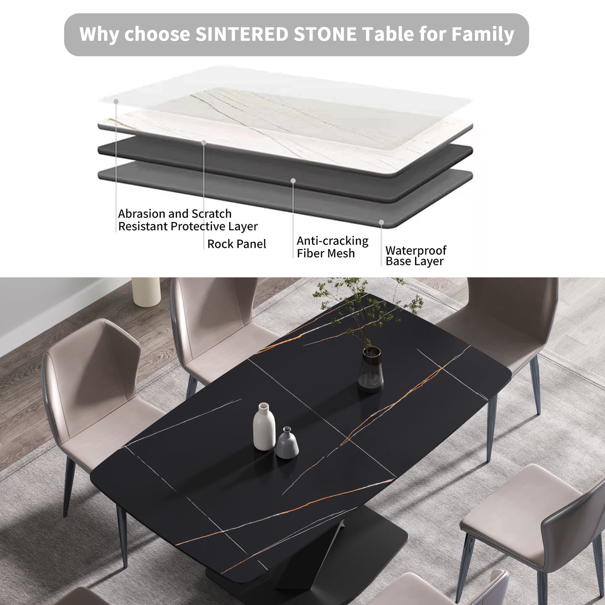 Sintered stone dining table with black marble and gold veins