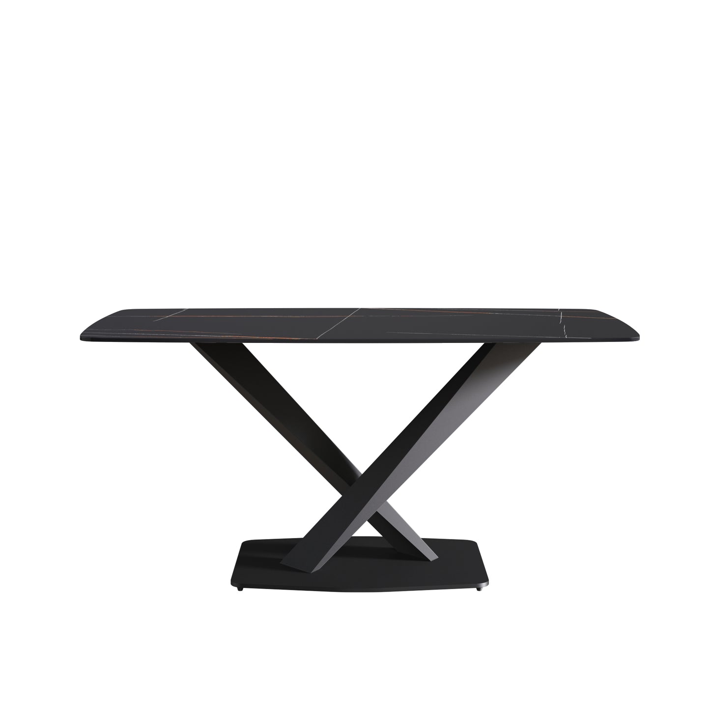 Dark marble dining table with unique Xshaped black metal base
