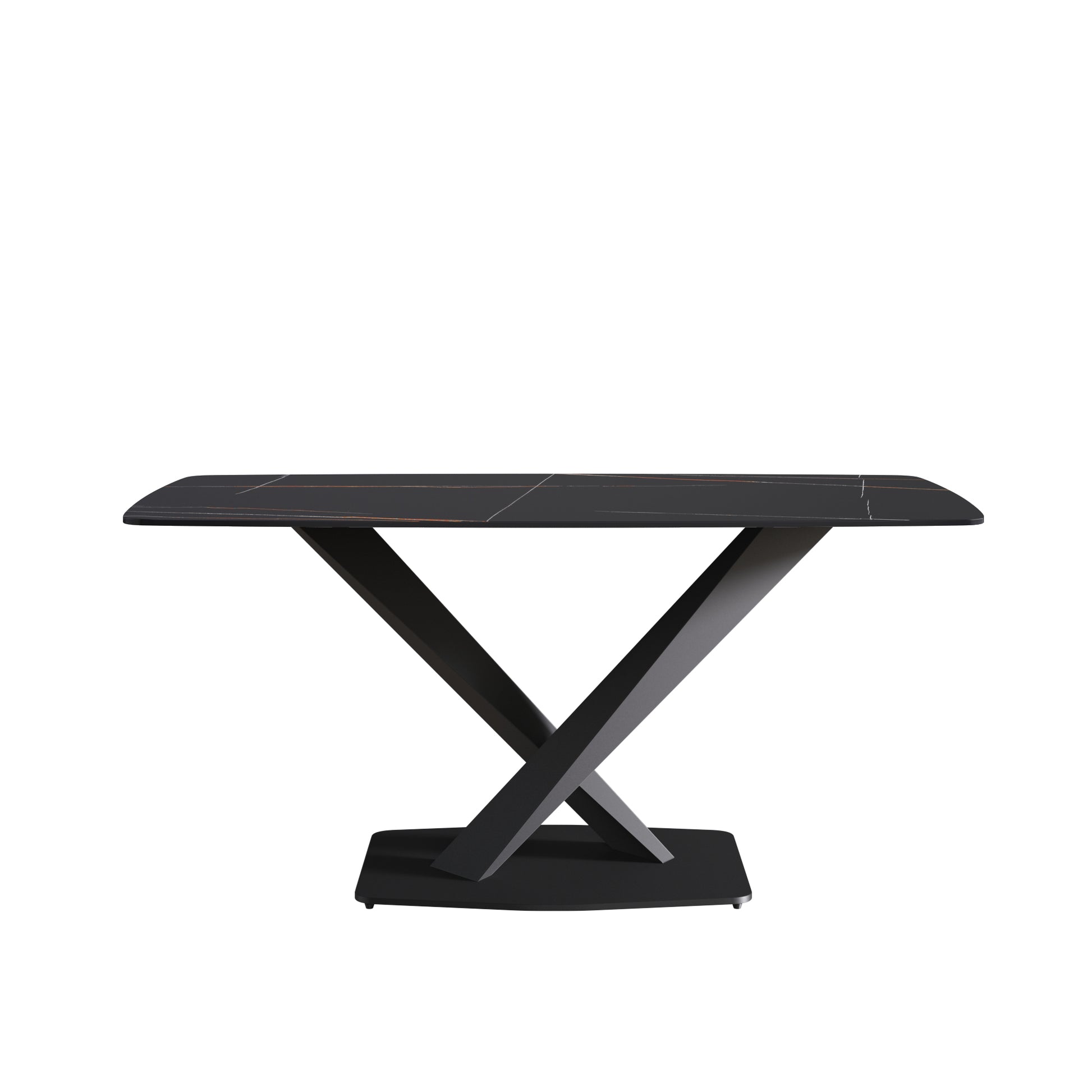 Dark marble dining table with unique Xshaped black metal base