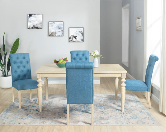 Tufted blue upholstered dining chair with light wood legs