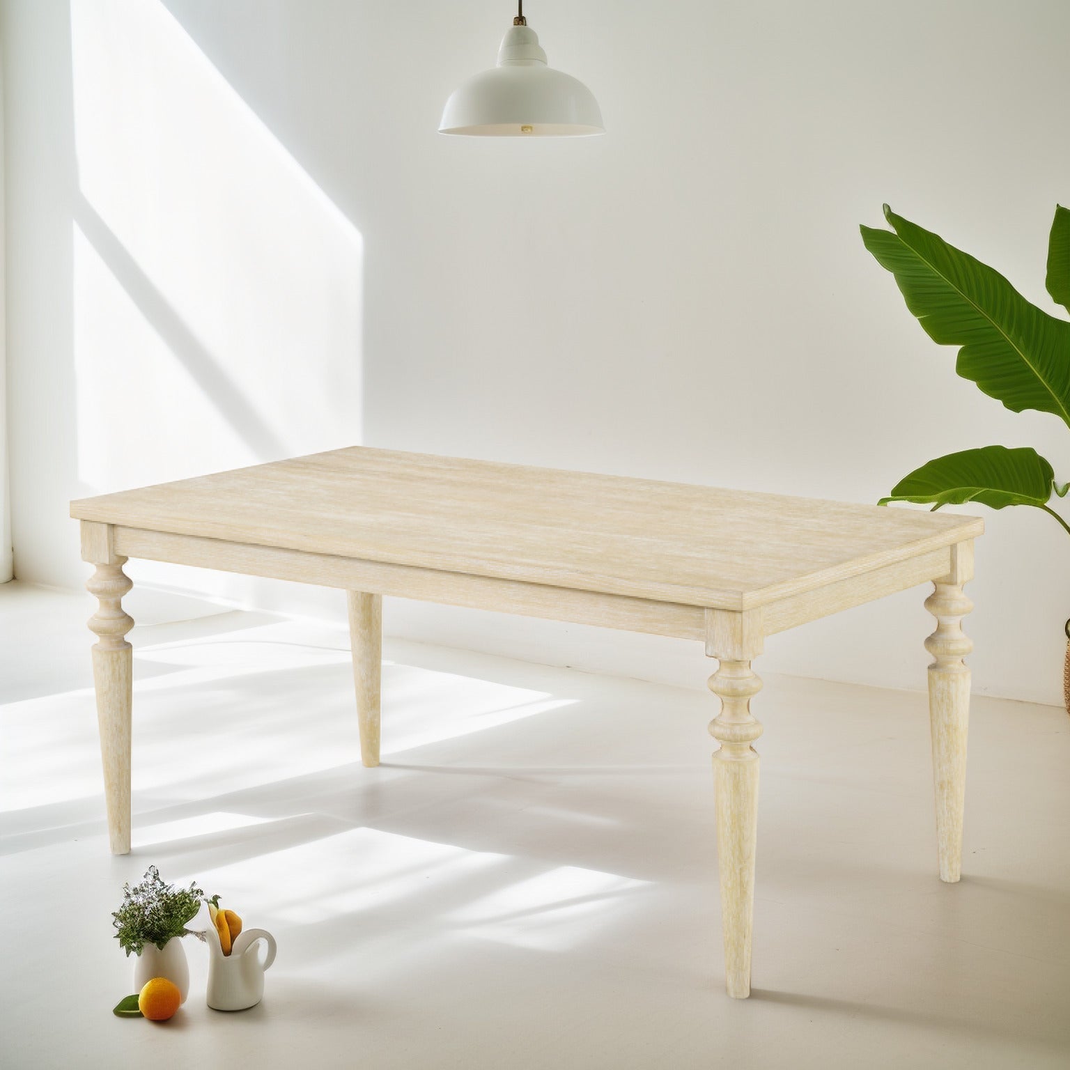 Light oak rectangular dining table with turned legs