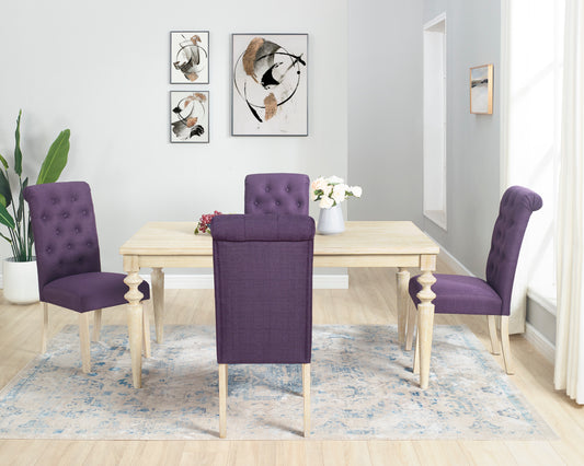 Tufted purple upholstered dining chair with a light wood frame and carved legs