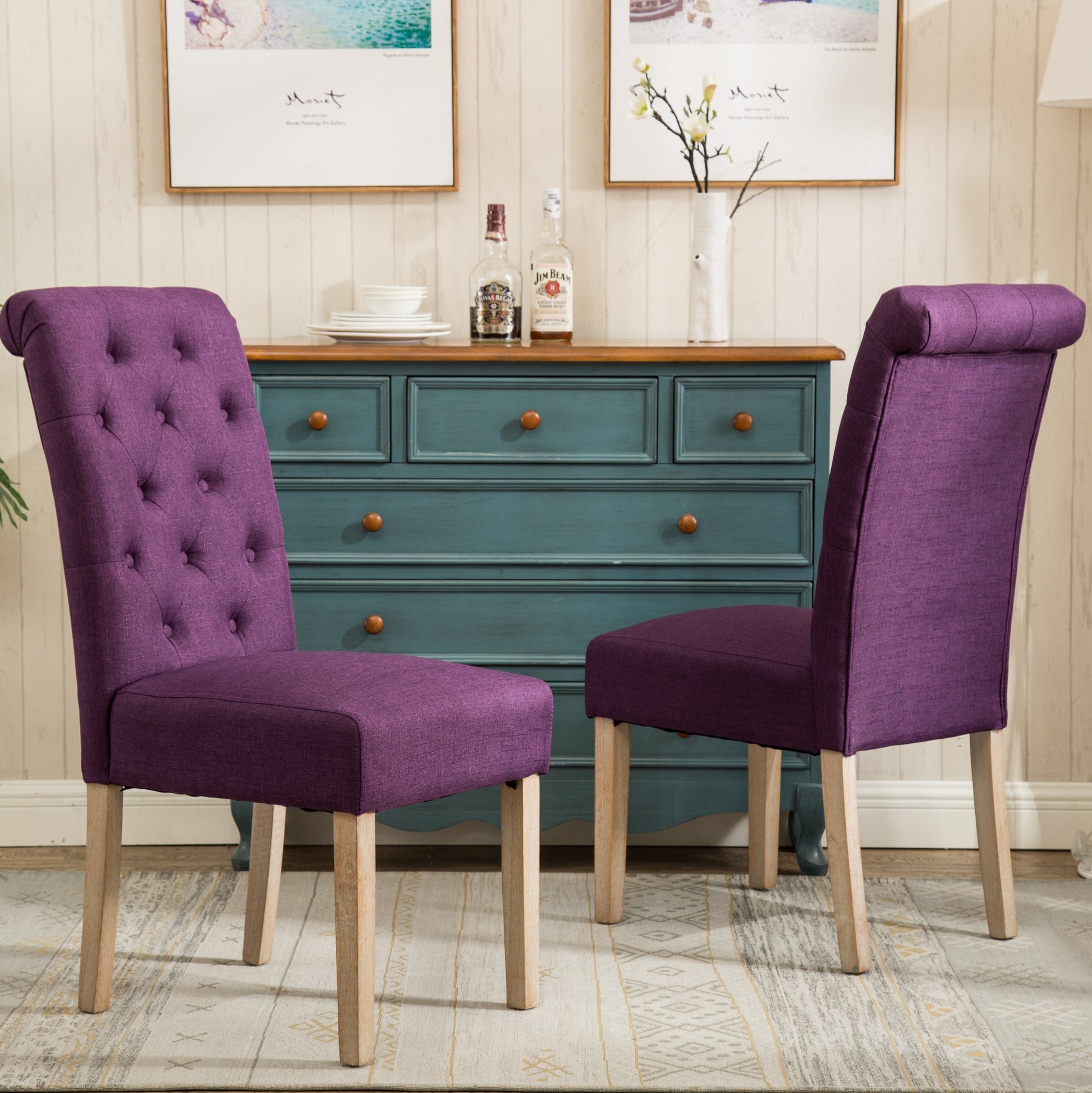 Tufted purple dining chair with wooden legs