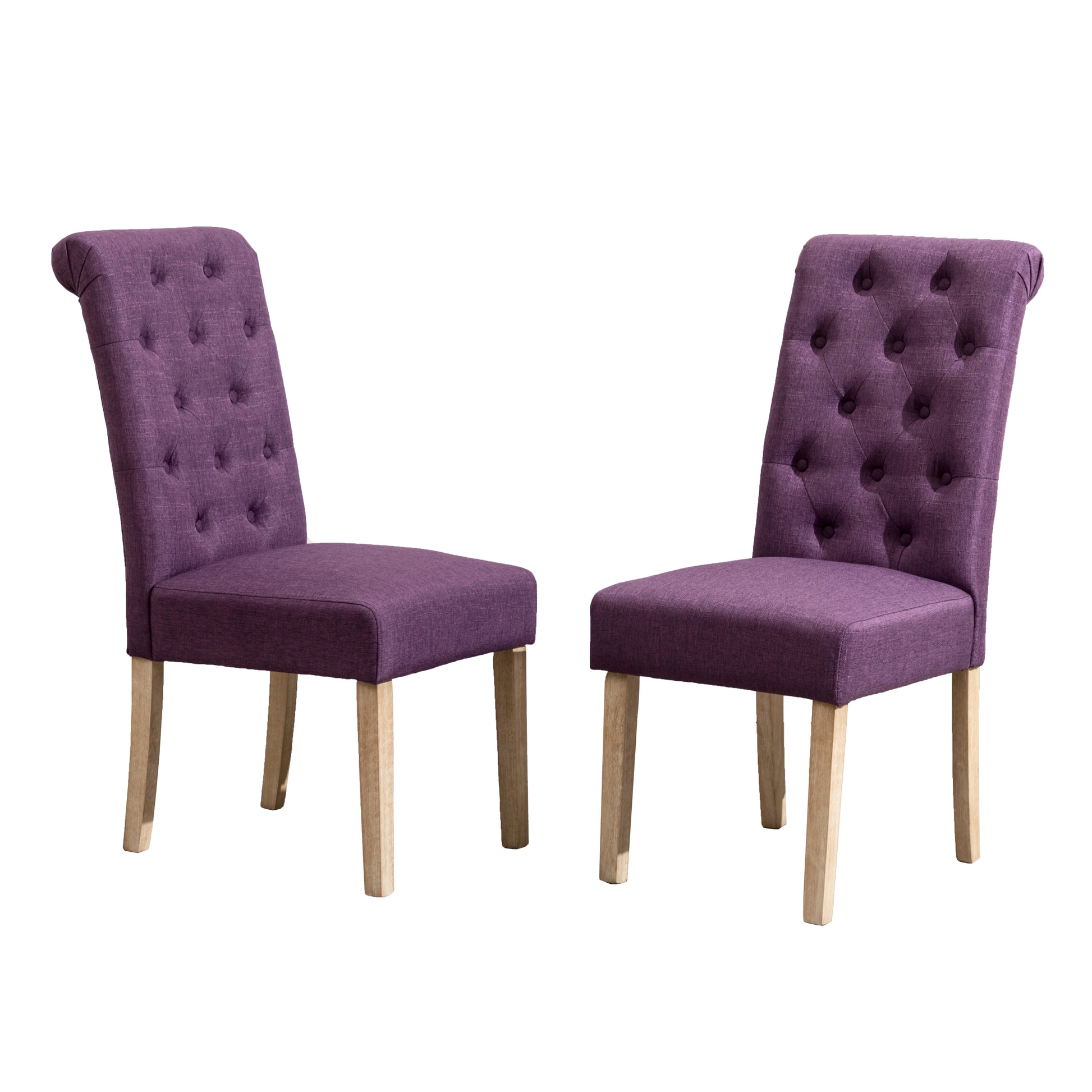 Two upholstered purple dining chairs with tufted backs and light wood legs