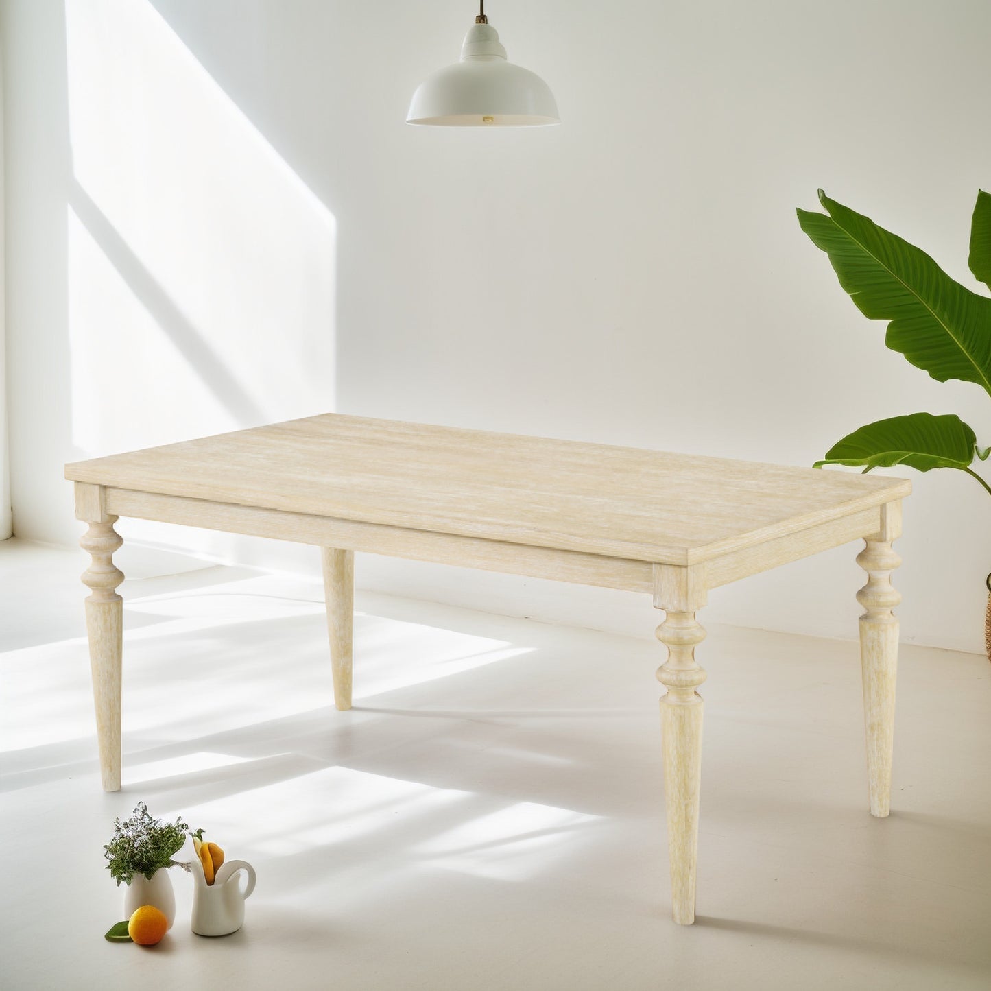 Light wood farmhouse dining table with turned legs