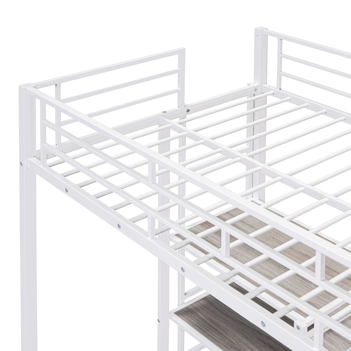 White metal loft bed frame with wooden shelf detail