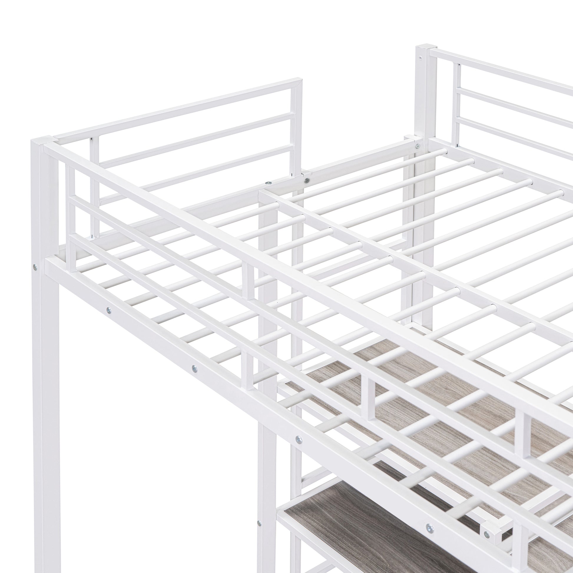 White metal loft bed frame with wooden shelf detail