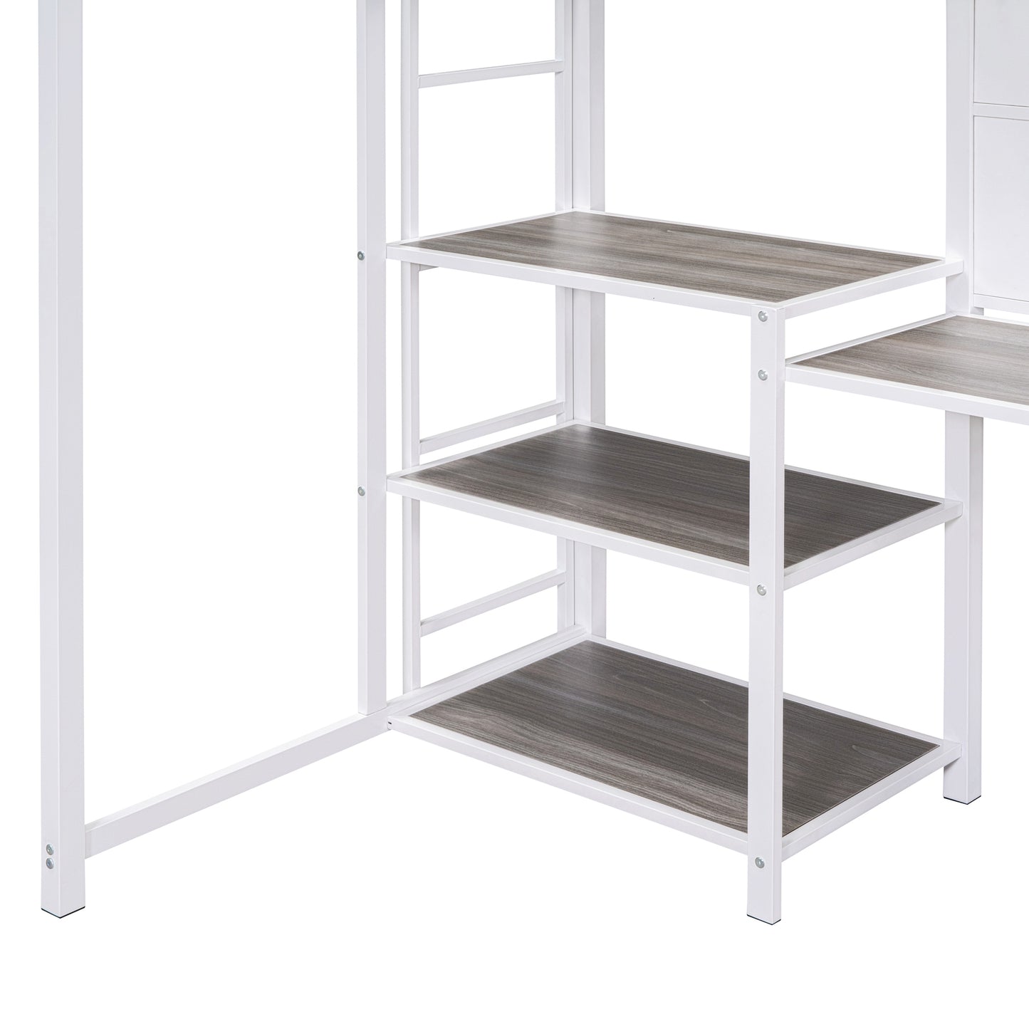 White metal frame computer desk with three grey wood laminate shelves