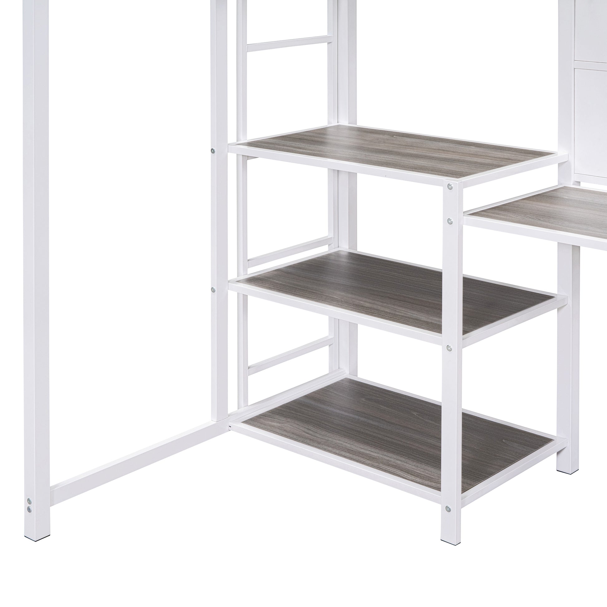 White metal frame computer desk with three grey wood laminate shelves
